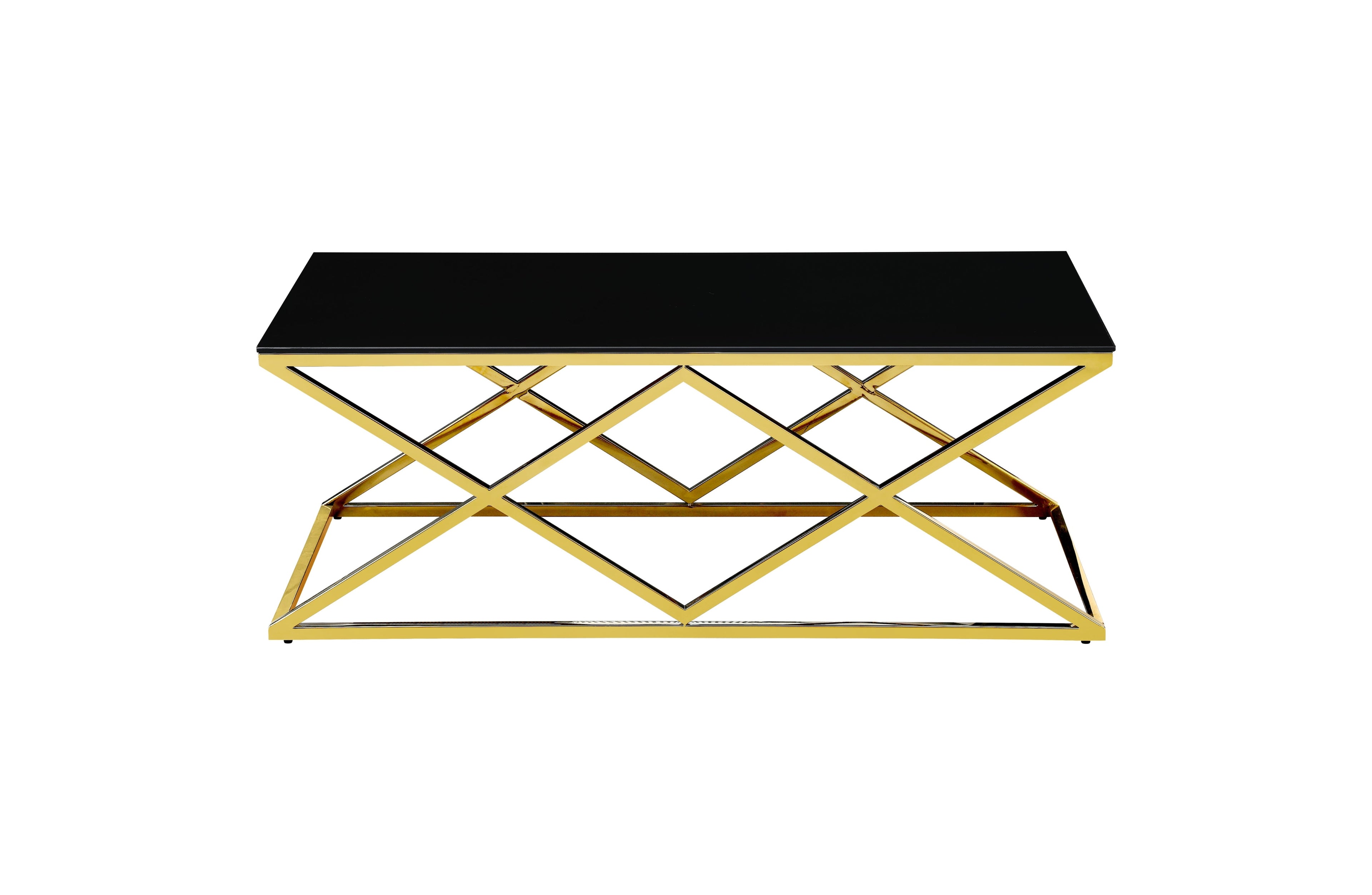 Beverly coffee table in gold frame with bold black tempered glass top.