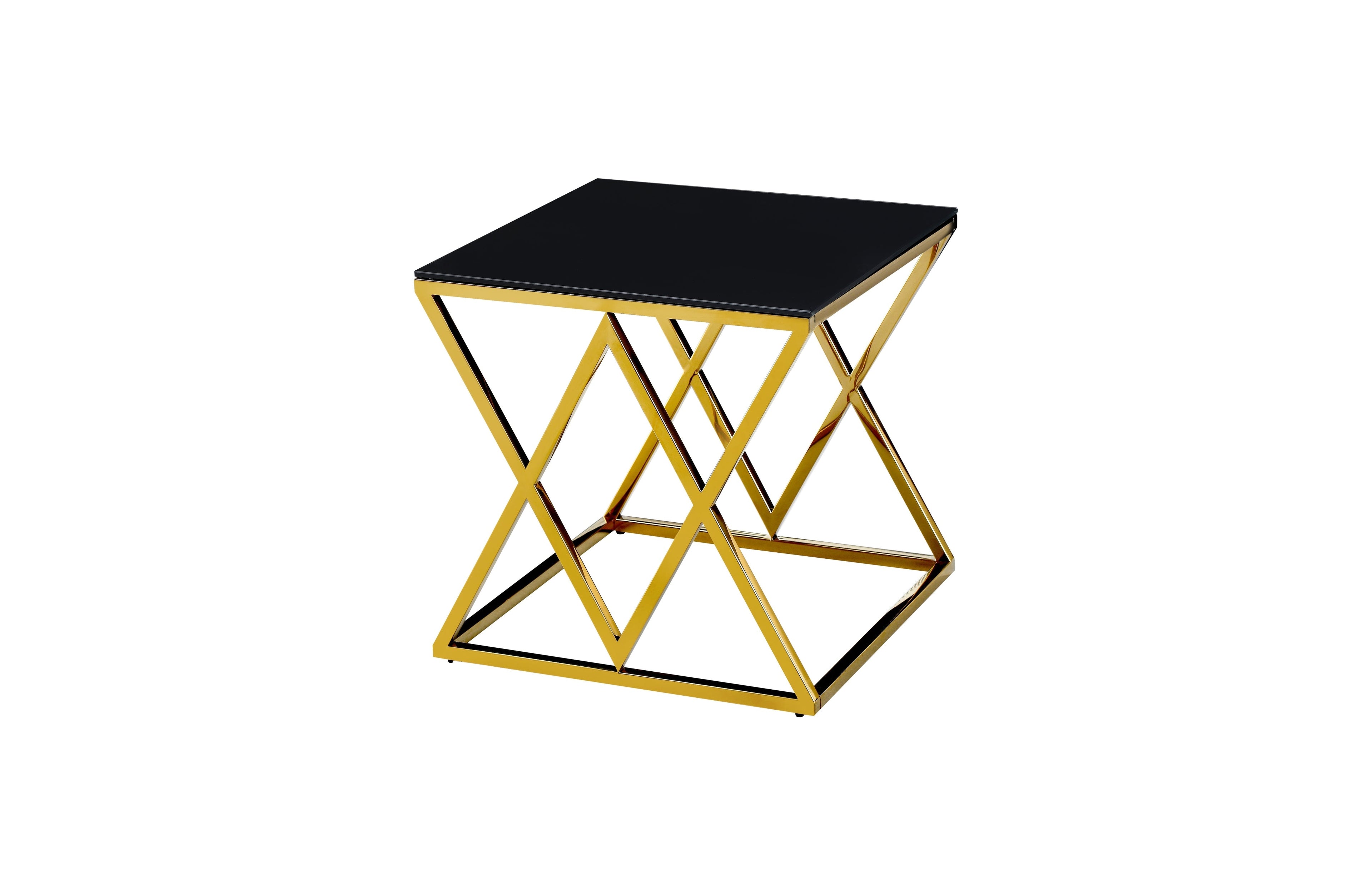 Beverly side table in gold frame with stylish black tempered glass top.