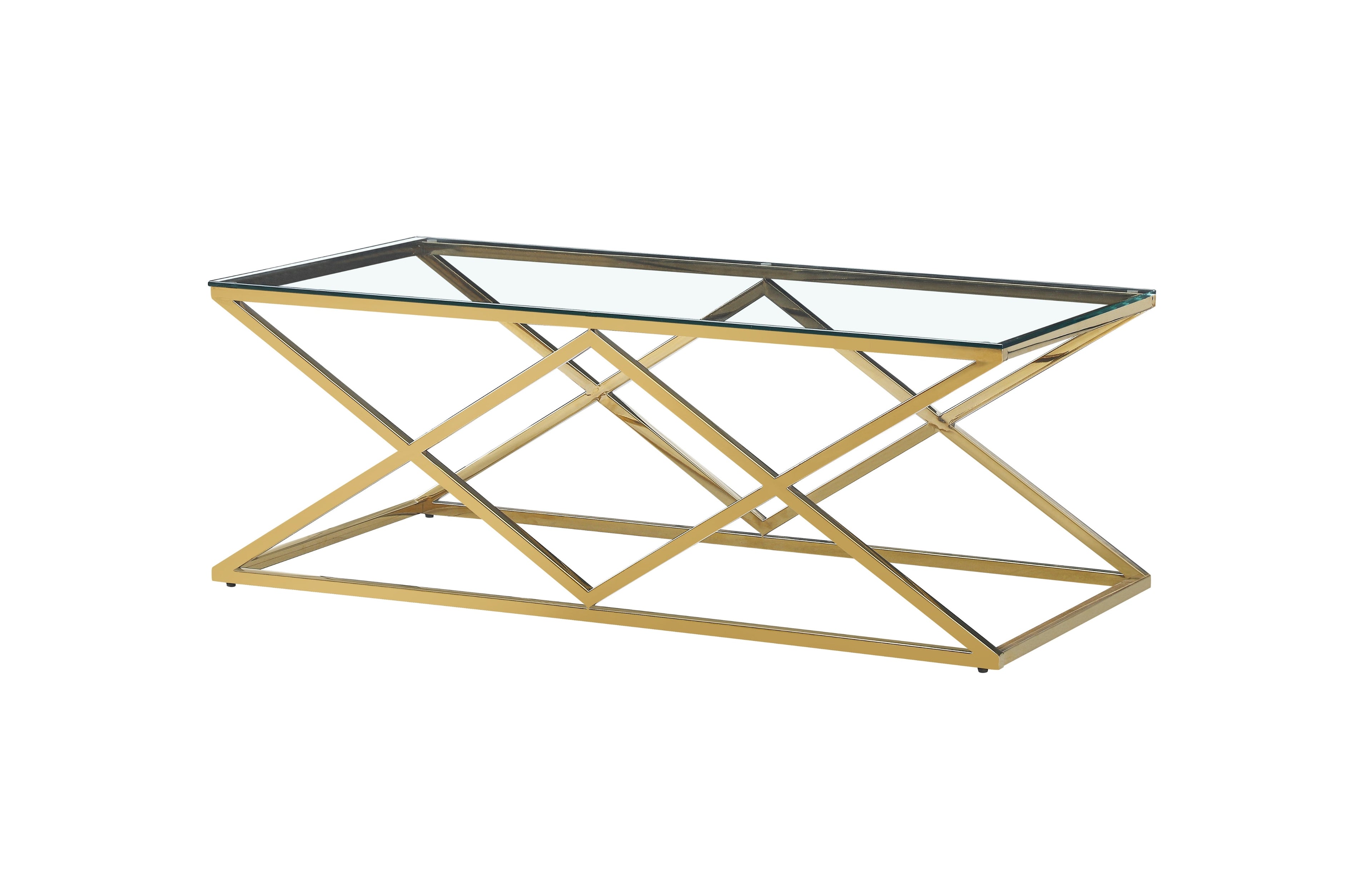 Beverly coffee table in gold polished frame with clear tempered glass top.