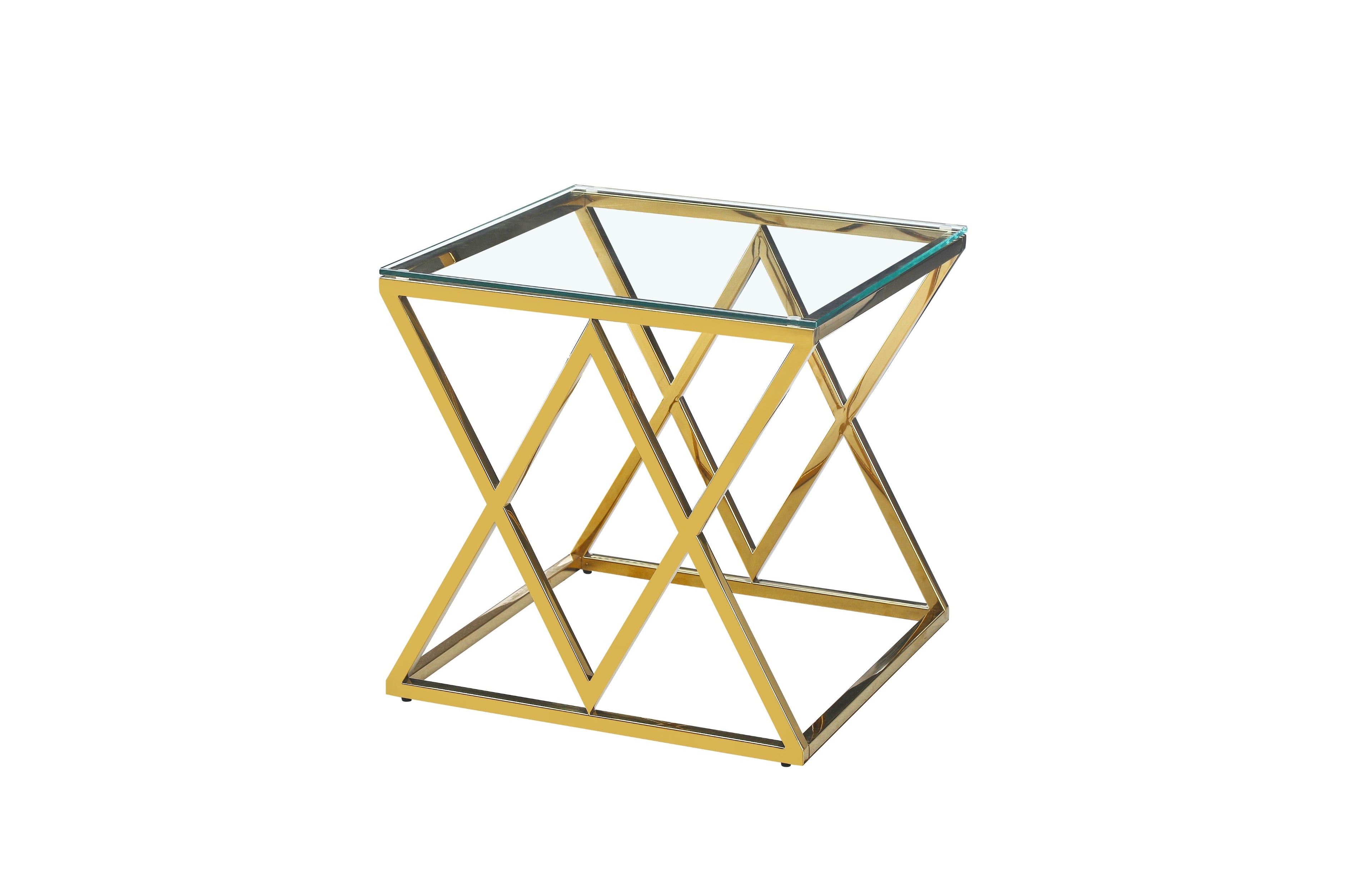 Beverly side table in gold polished frame with clear tempered glass top.