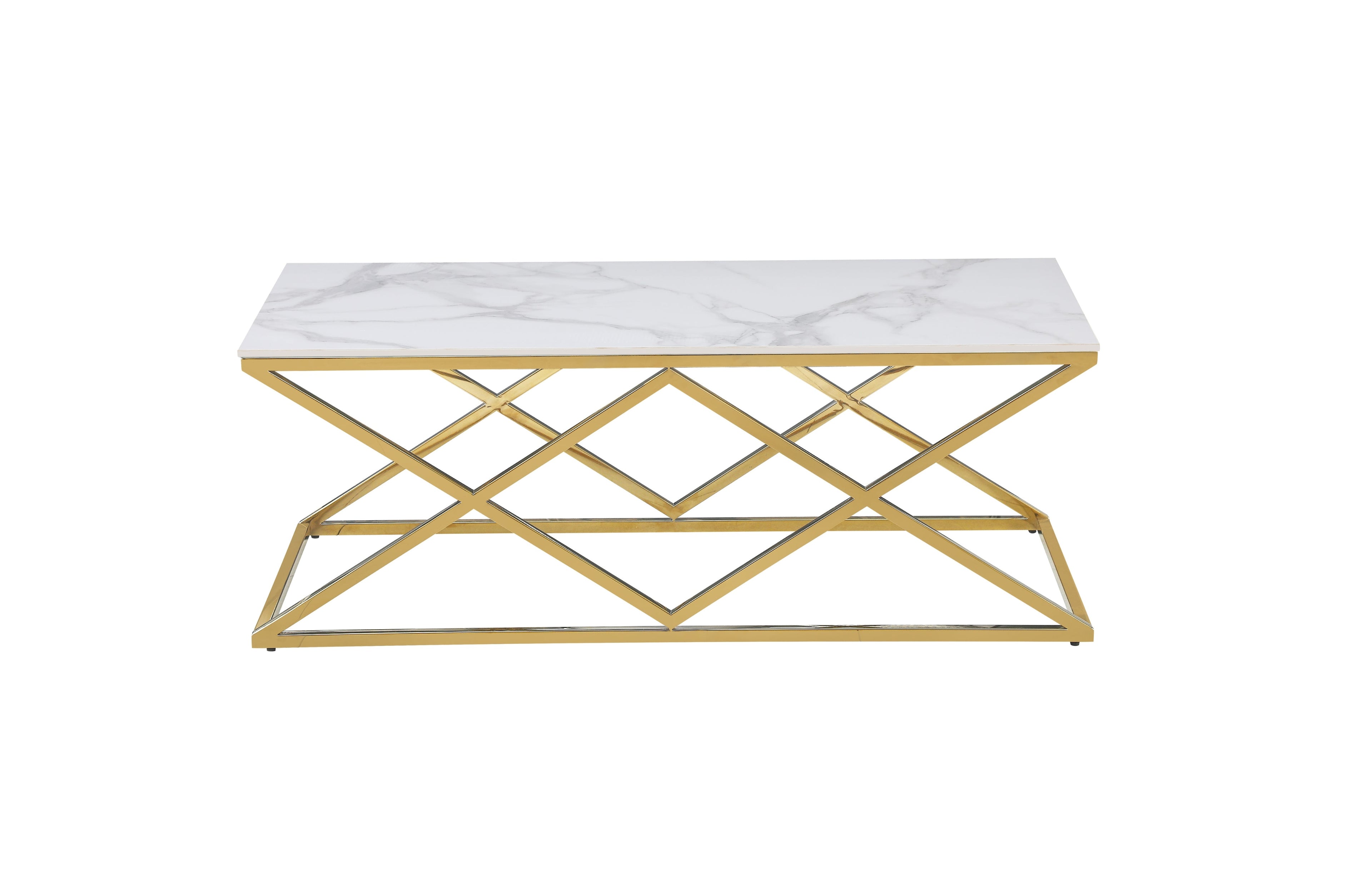 Beverly coffee table in gold polished frame with elegant white marble top.