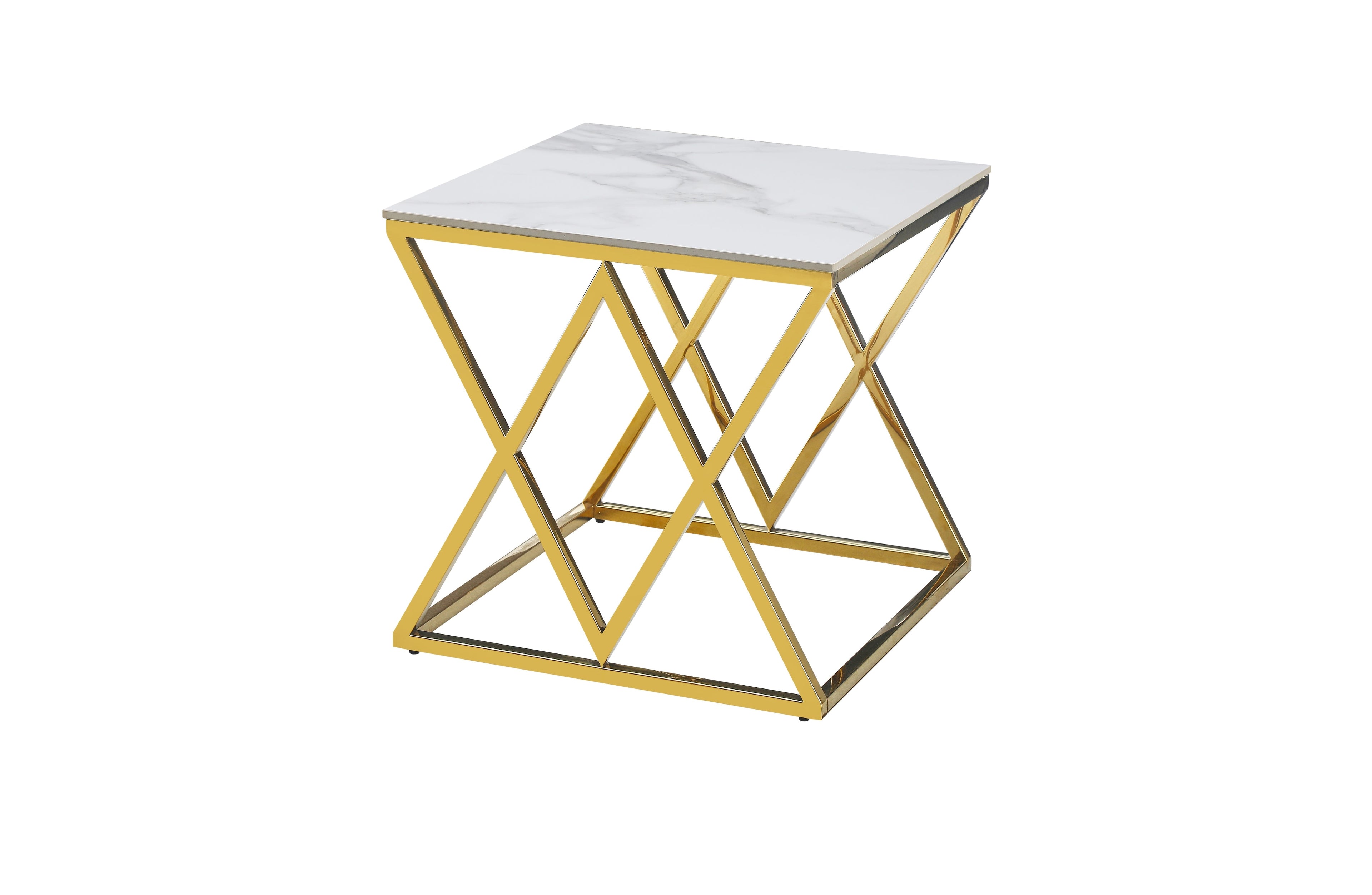 Beverly side table in gold polished frame with elegant marble sintered stone top.