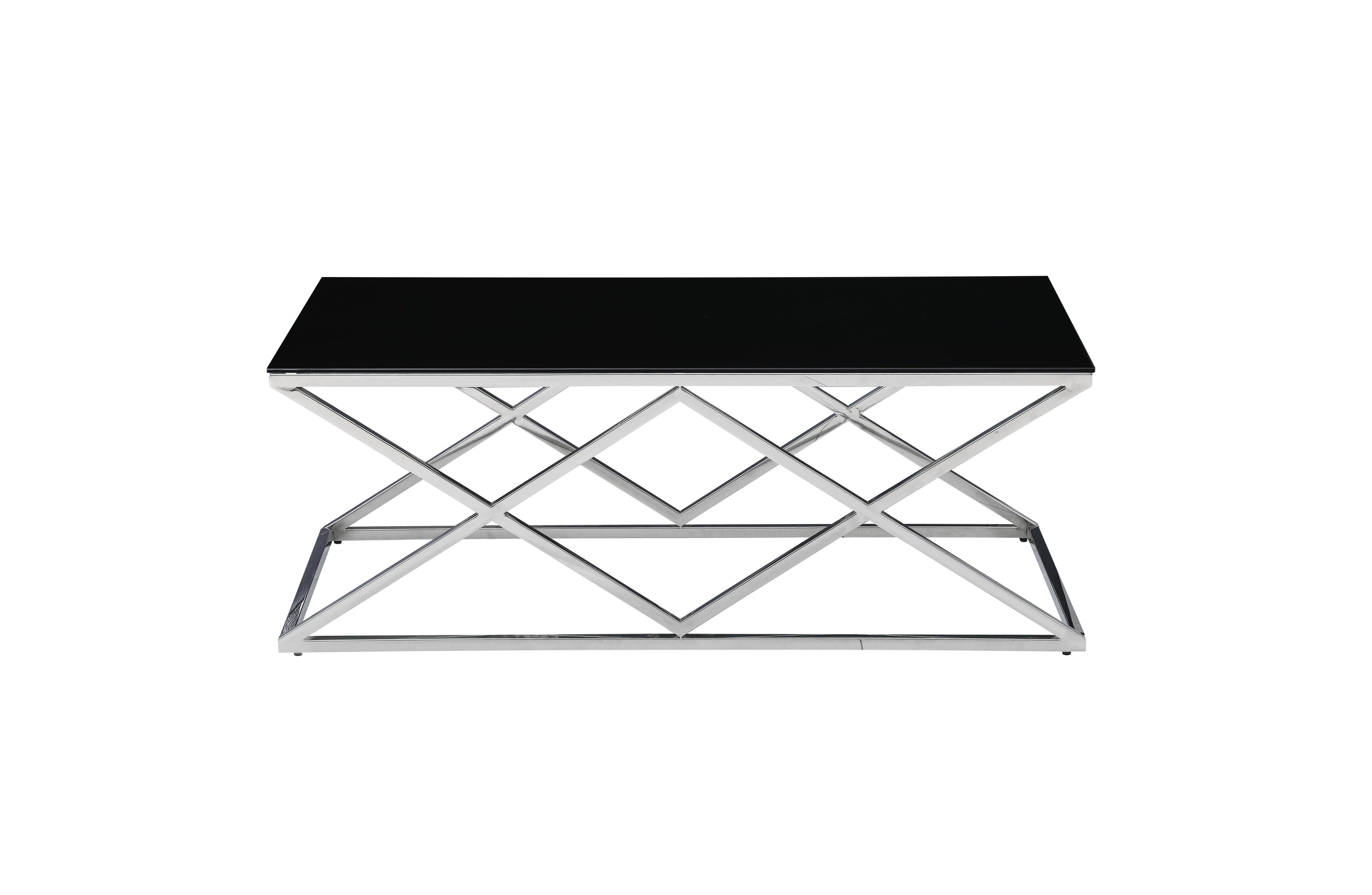 Beverly coffee table in silver polished frame with black tempered glass top.