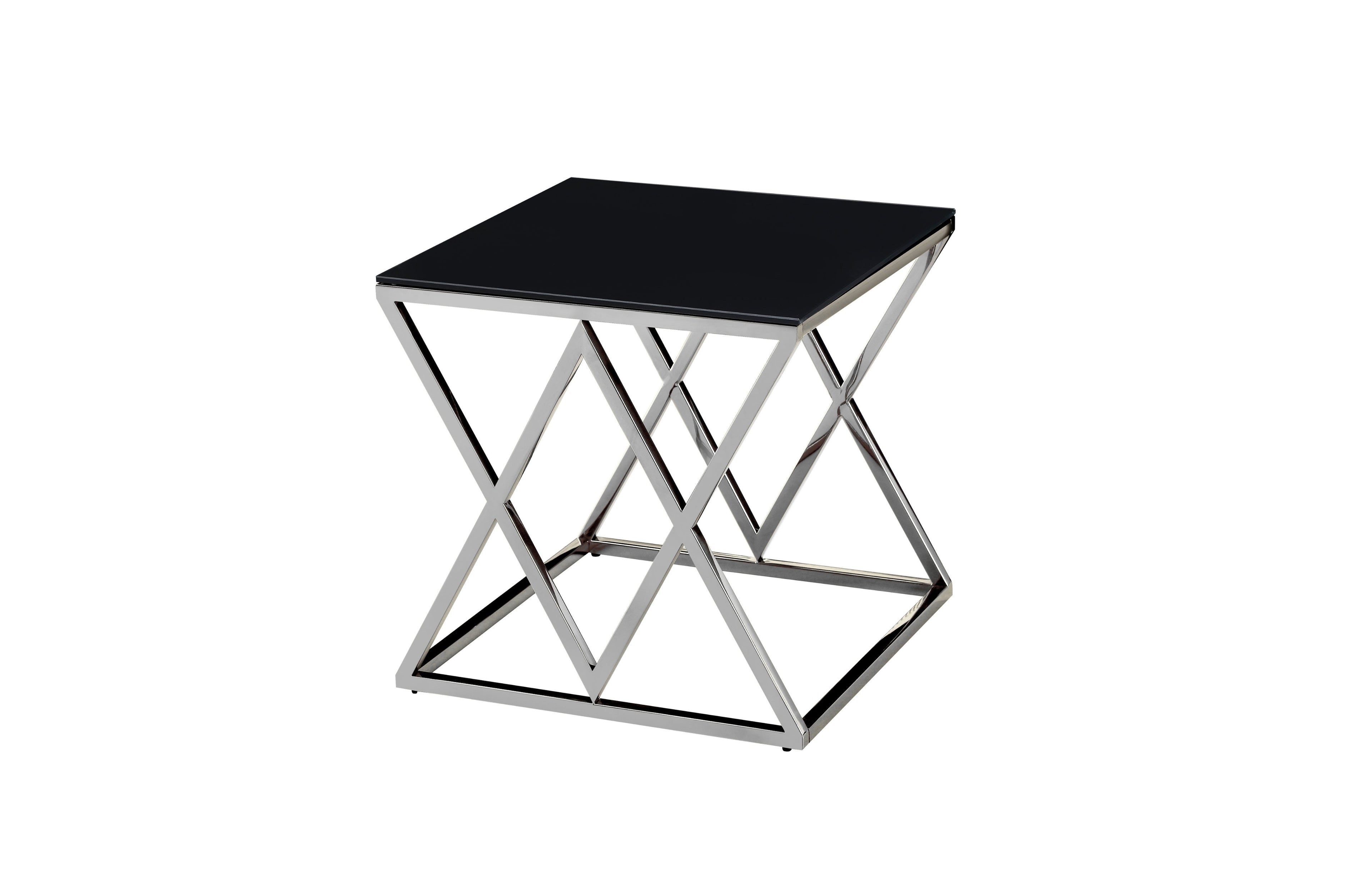 Beverly side table in silver polished frame with black tempered glass top.