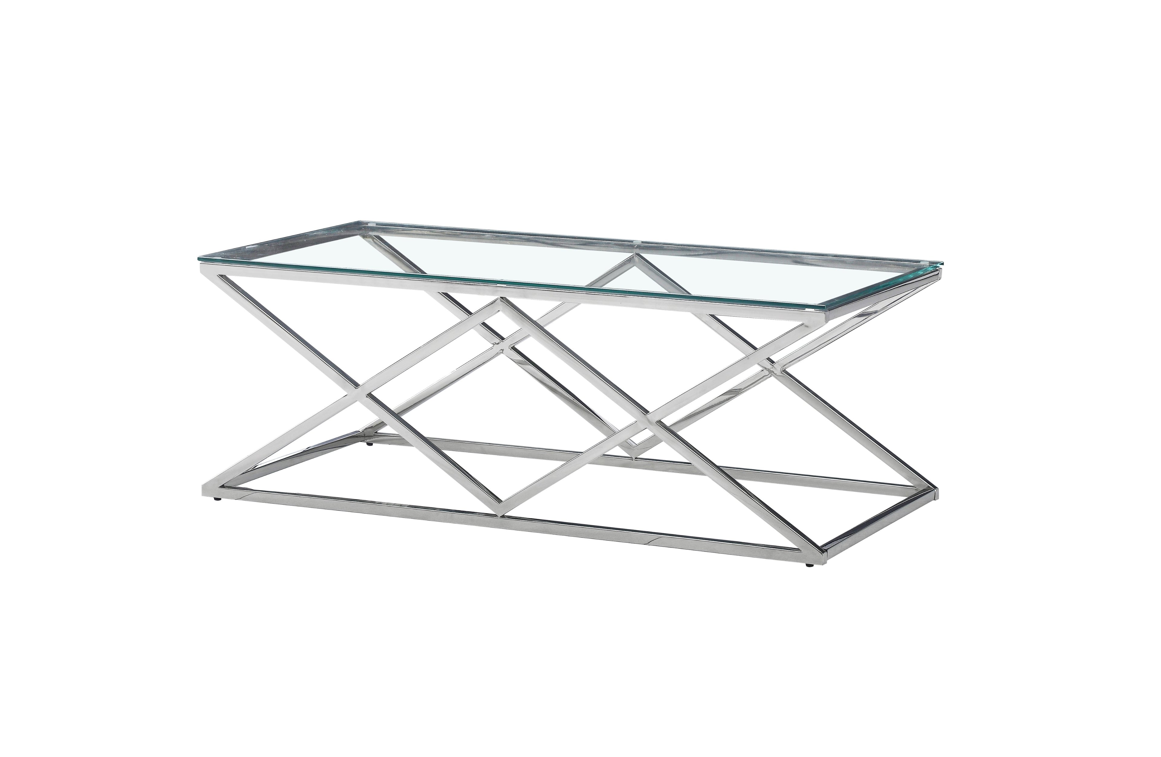 Beverly coffee table in polished silver frame with clear tempered glass top.