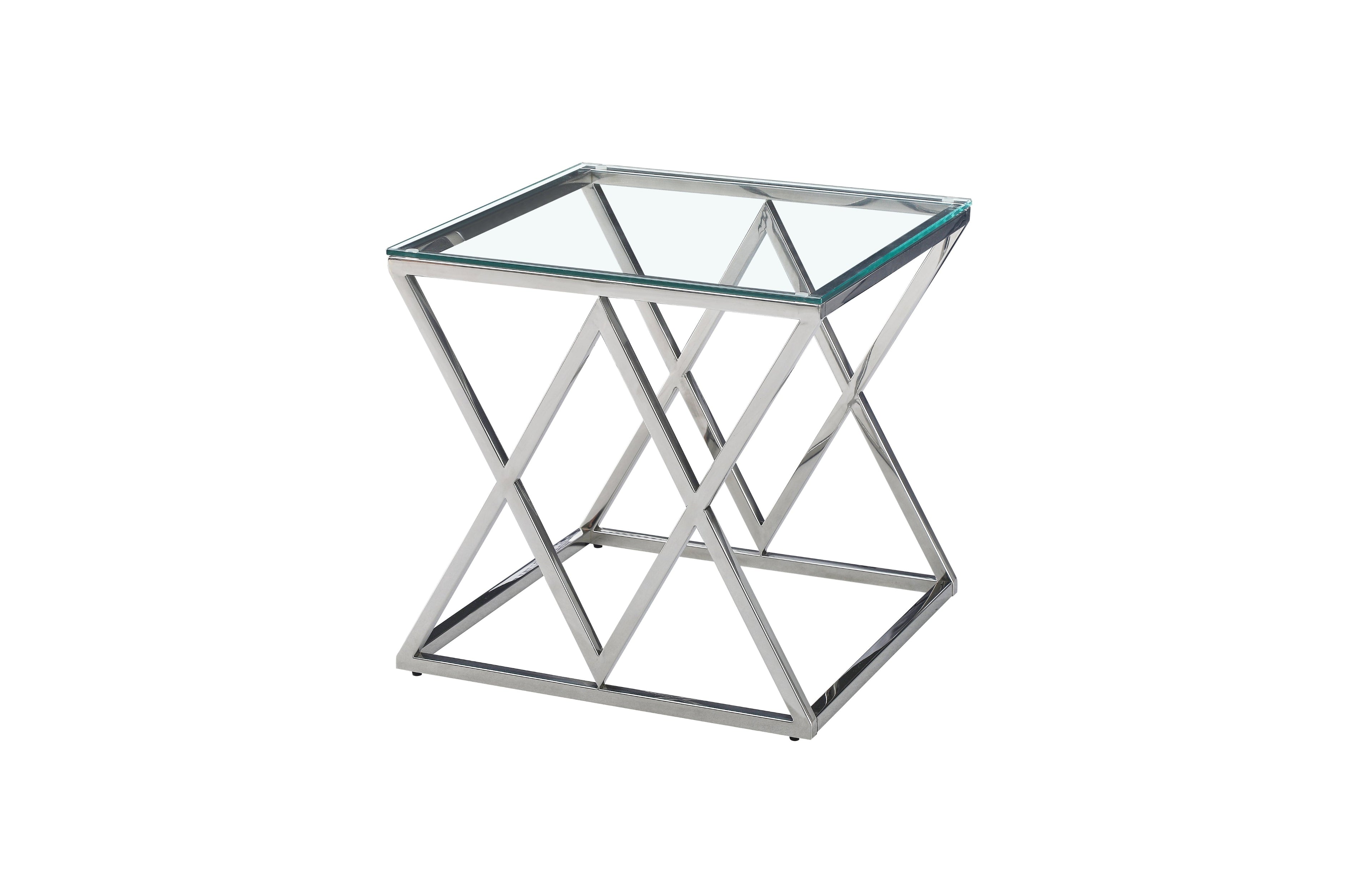 Beverly side table in polished silver frame with clear tempered glass top.
