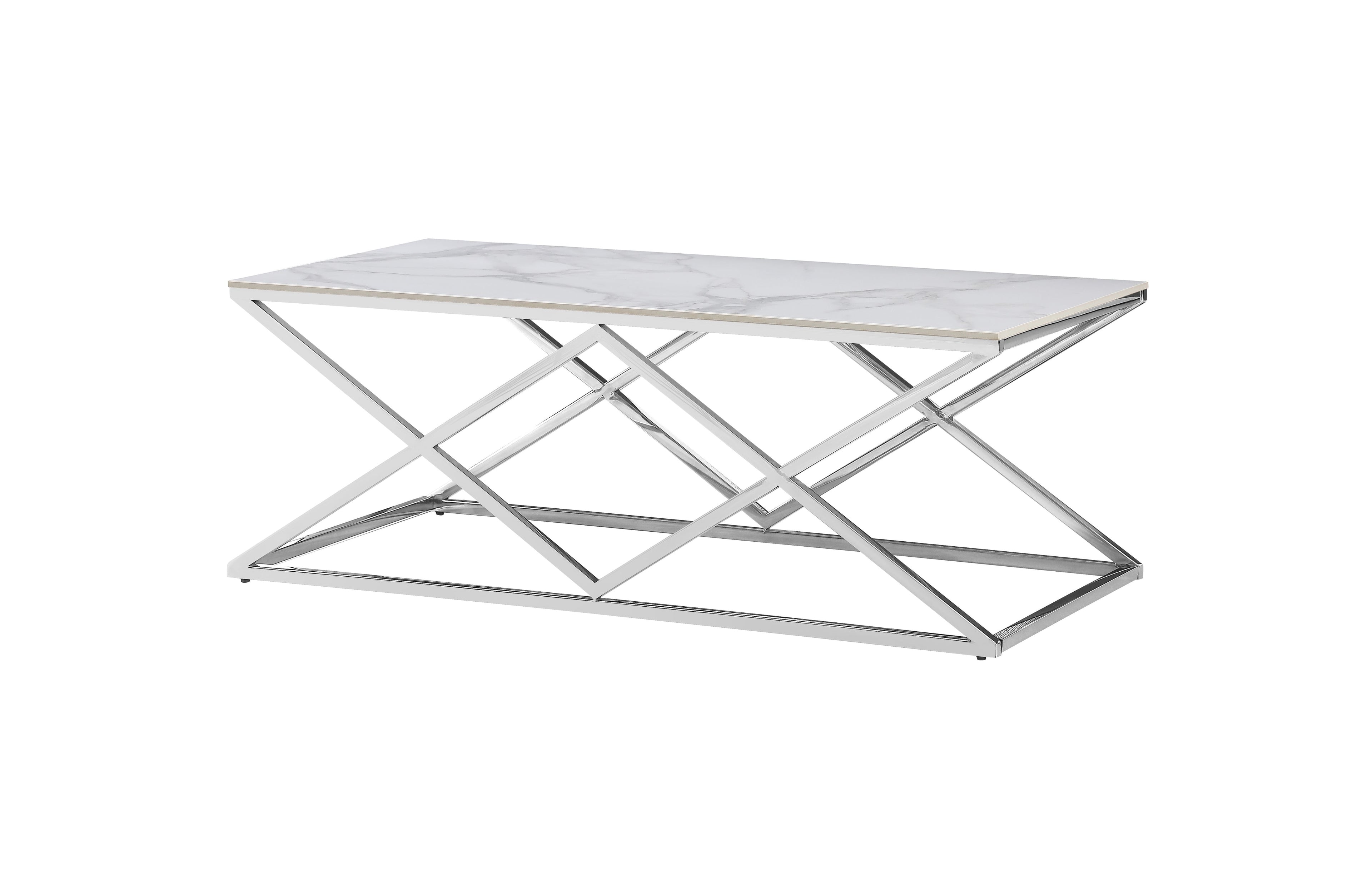 Beverly coffee table in silver frame with luxurious white marble sintered stone top.