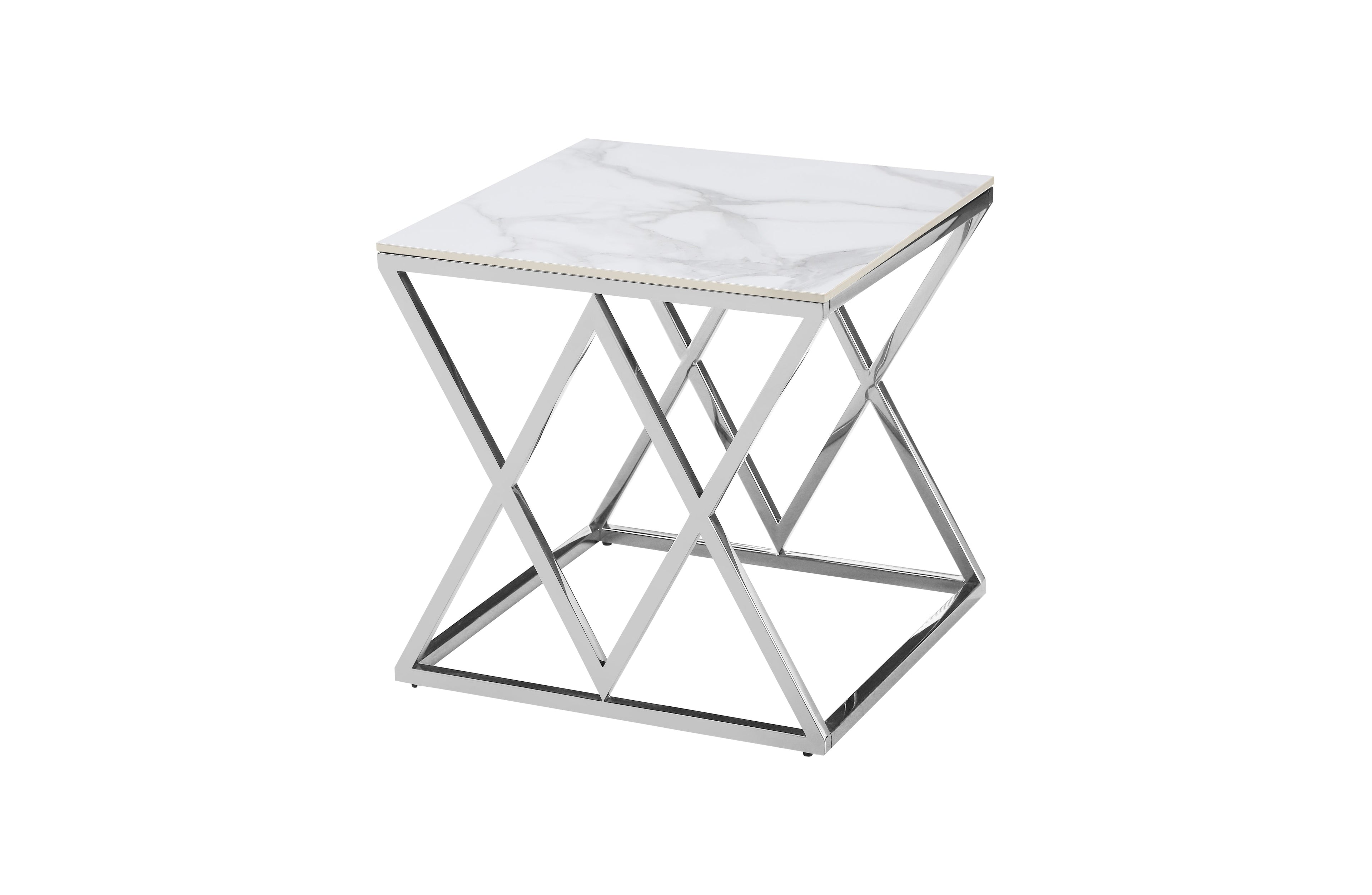 Beverly side table in silver frame with luxurious white marble sintered stone top.