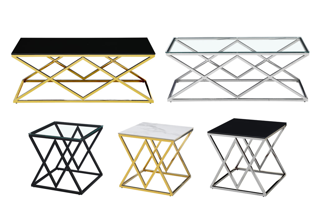 Beverly coffee and side table collection in gold, silver, and black with glass or marble tops.