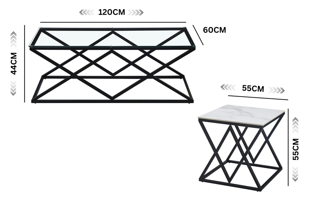 Beverly coffee and side table dimension guide showing size details with glass and marble tops.