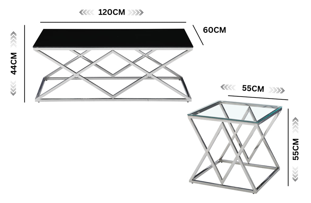 Beverly coffee and side table dimension guide showing size details with glass and marble tops.