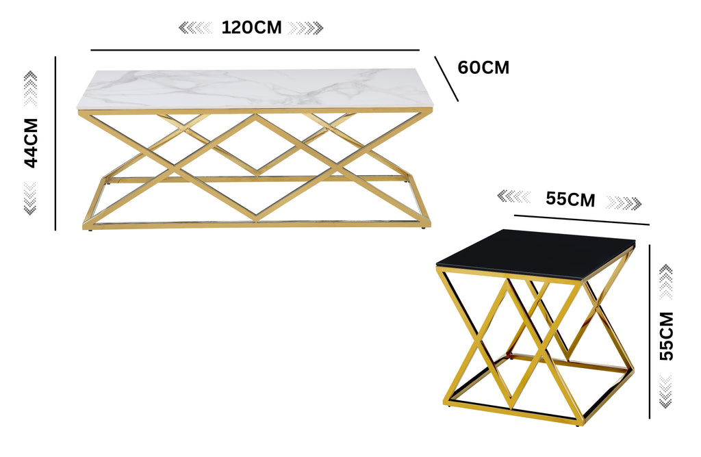 Beverly coffee and side table dimension guide showing size details with glass and marble tops.