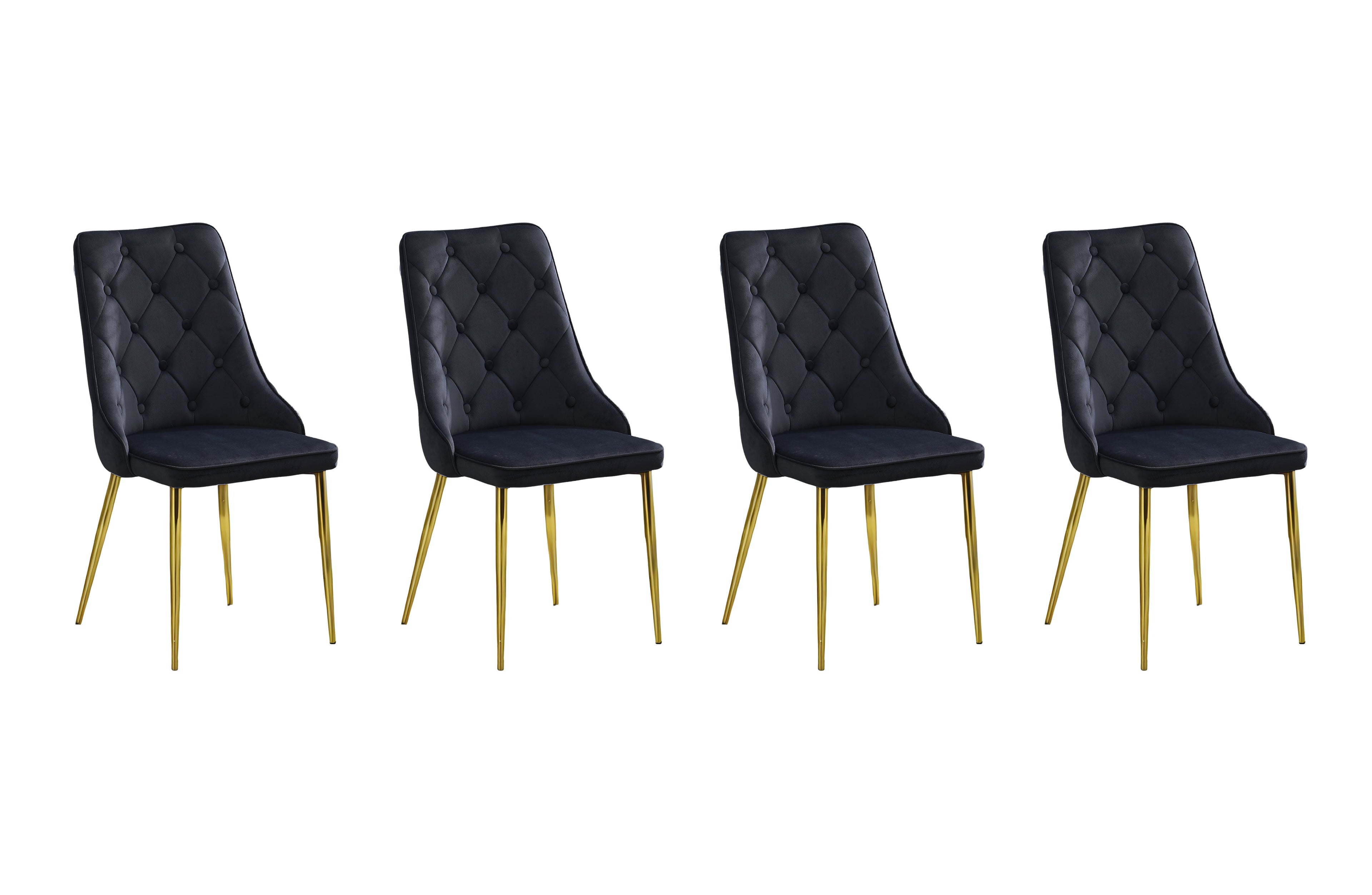 Set of 4 black velvet button tufted dining chairs with gold legs displayed in row.
