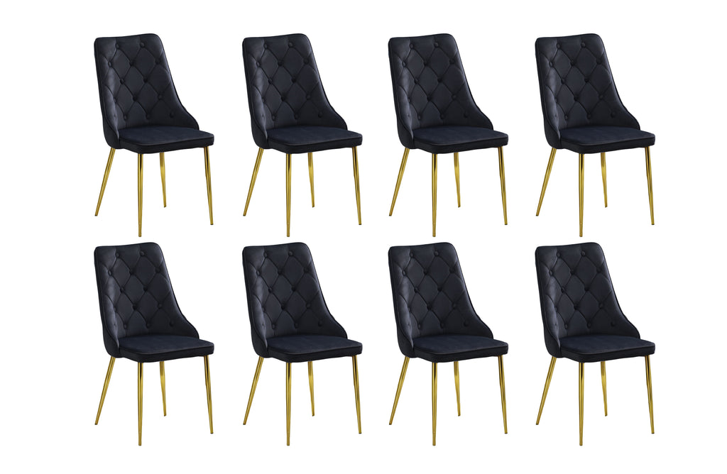 Set of 8 black velvet button tufted dining chairs with black legs displayed together.