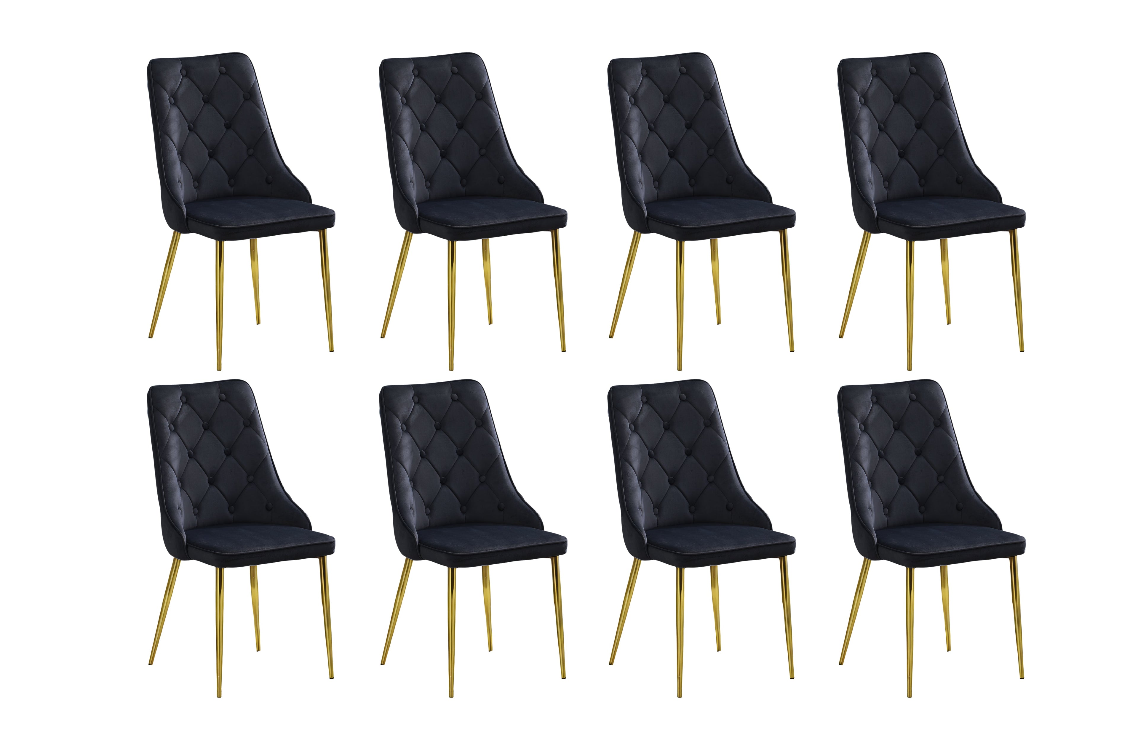 Set of 8 black velvet button tufted dining chairs with black legs displayed together.
