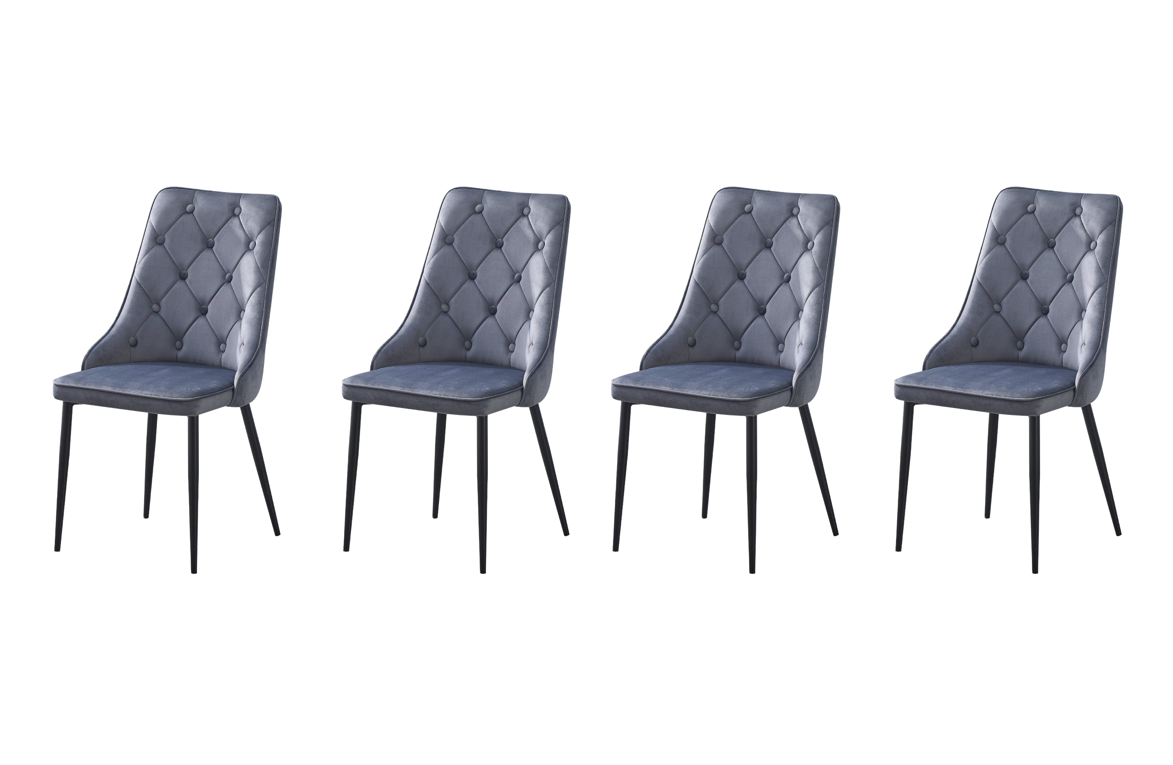 Set of 4 grey velvet button tufted dining chairs with black legs arranged in row.
