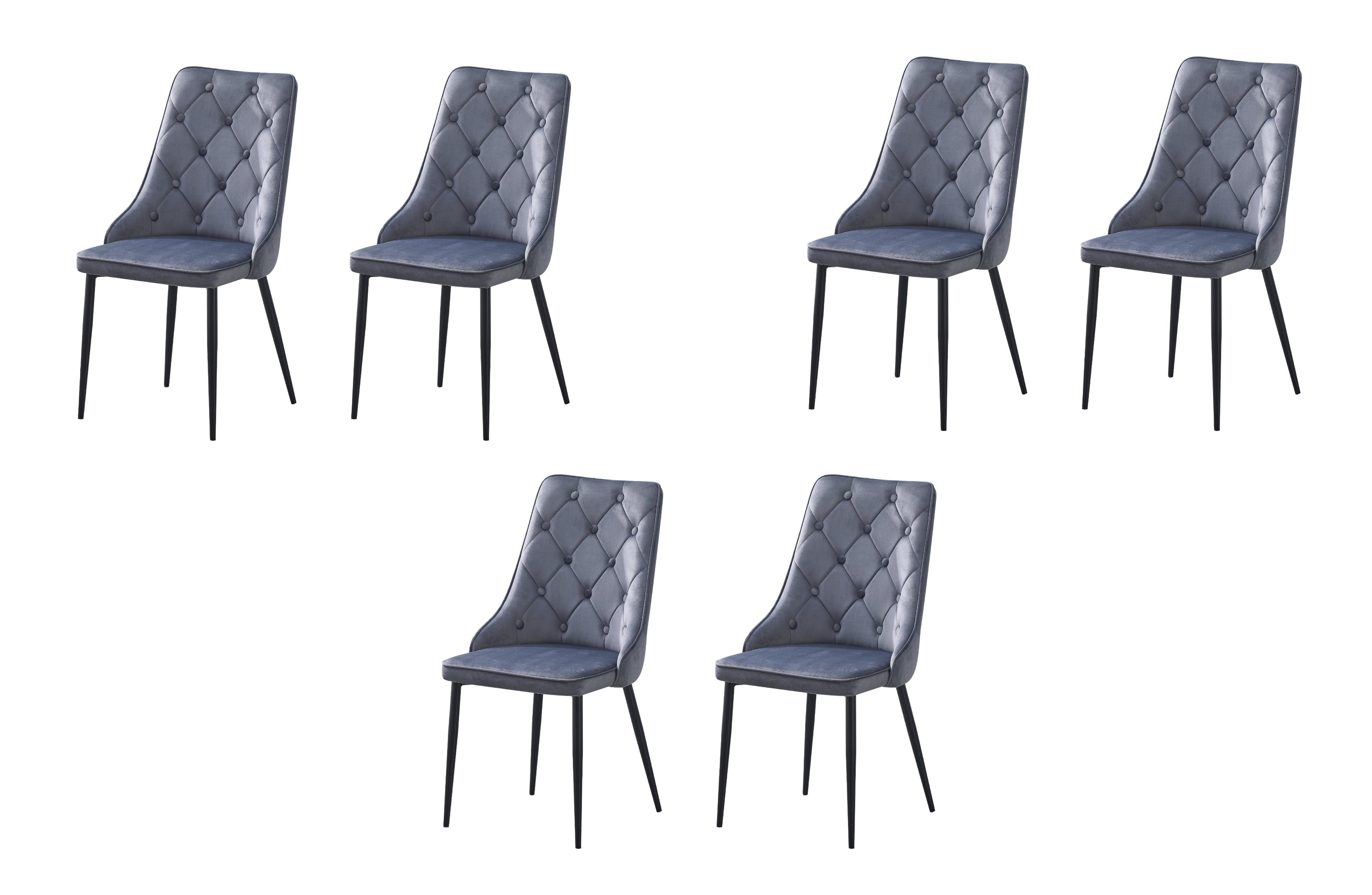 Set of 6 grey velvet button tufted dining chairs with black legs displayed together.