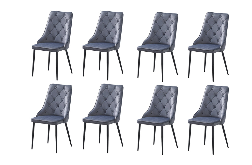 Set of 8 grey velvet button tufted dining chairs with black legs displayed together.