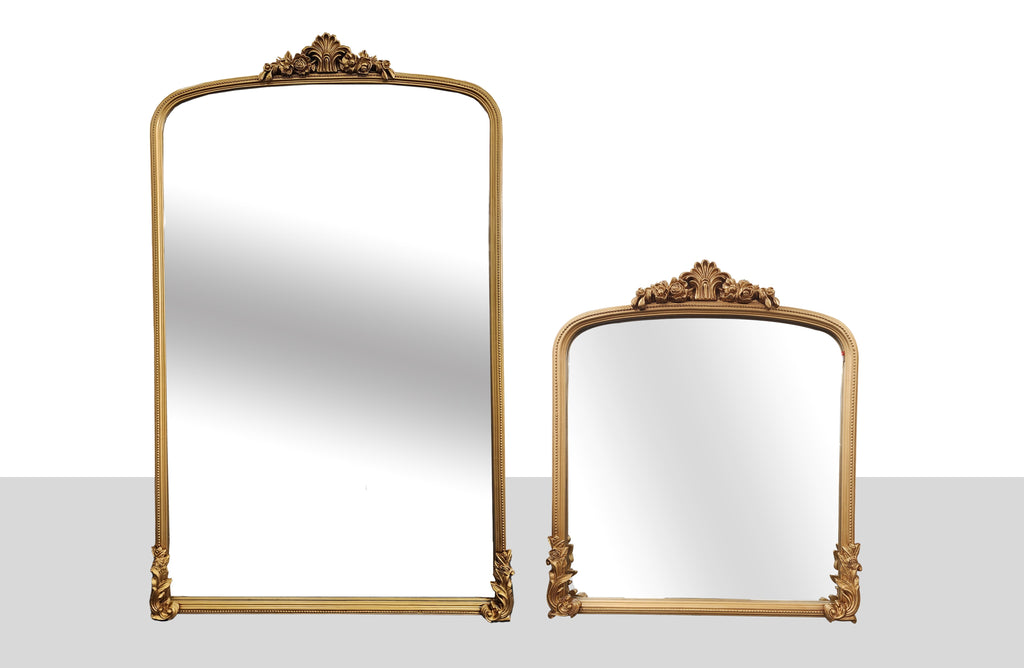 Catherine Gold Lux ornate mirrors collection in small and x-large sizes with regal design.