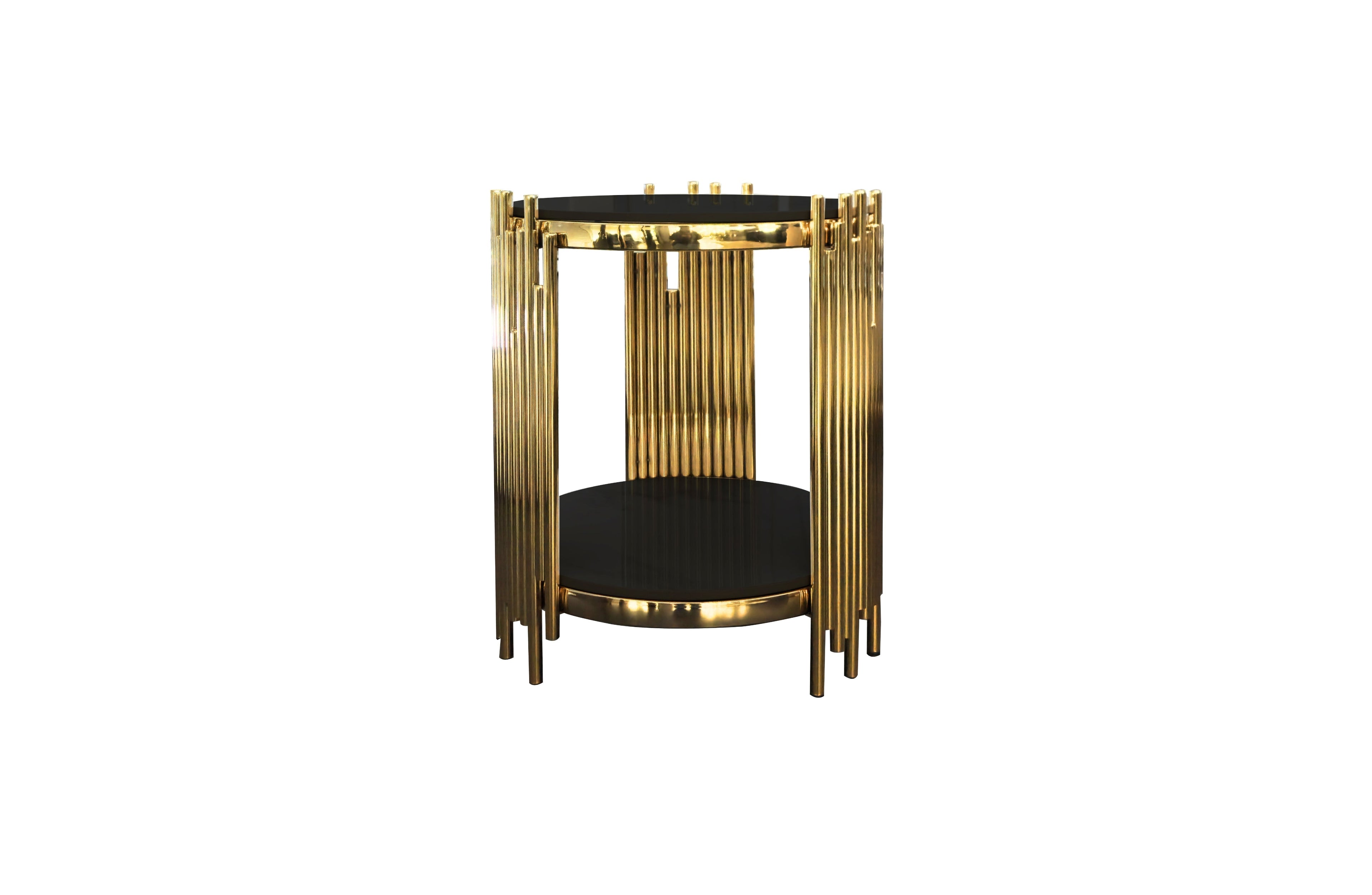 Chelsea round black marble side table with polished gold frame