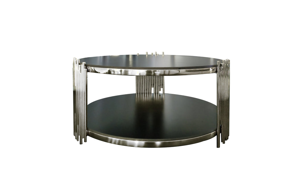 Chelsea round black marble coffee table with polished silver frame