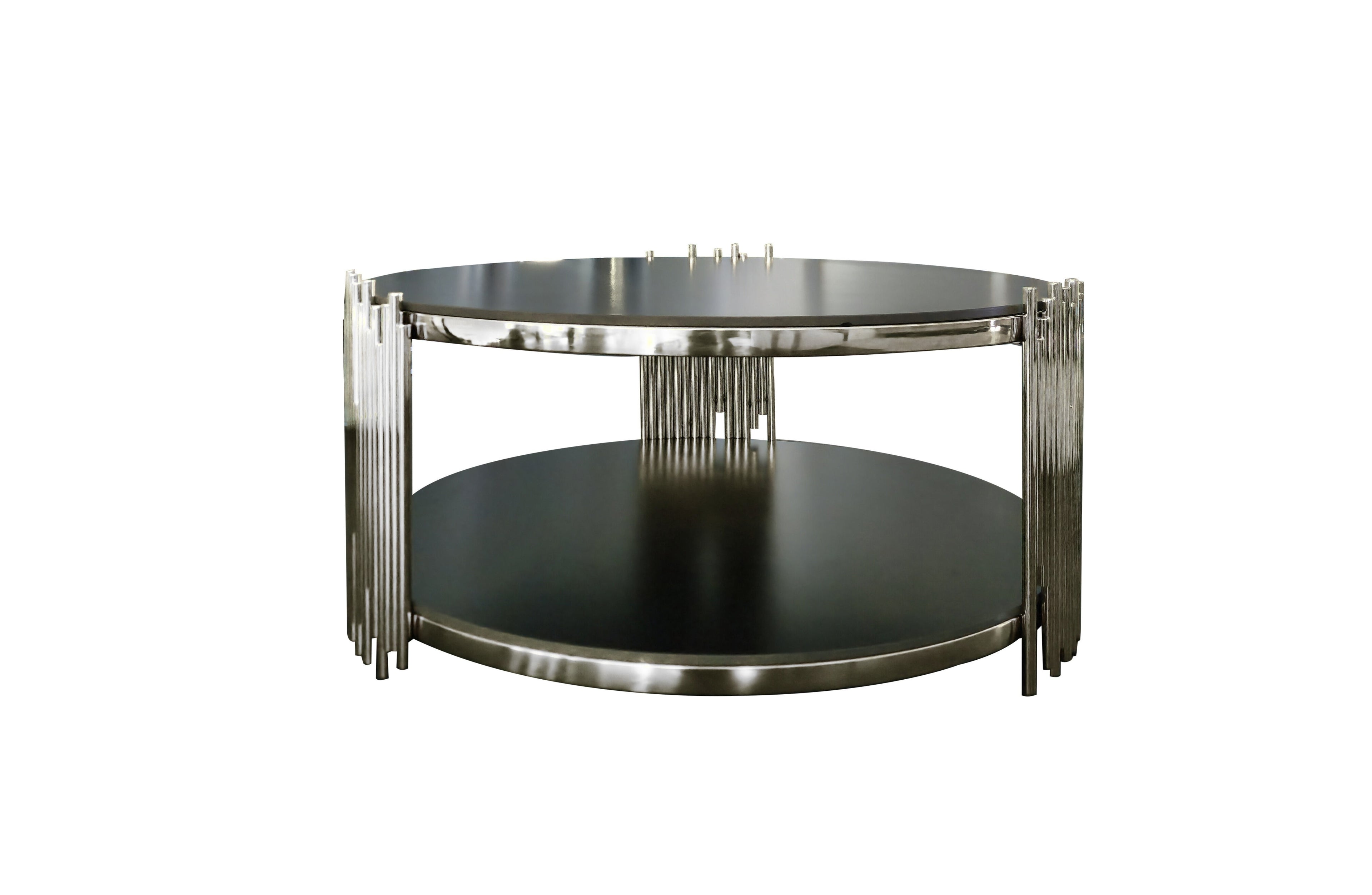 Chelsea round black marble coffee table with polished silver frame