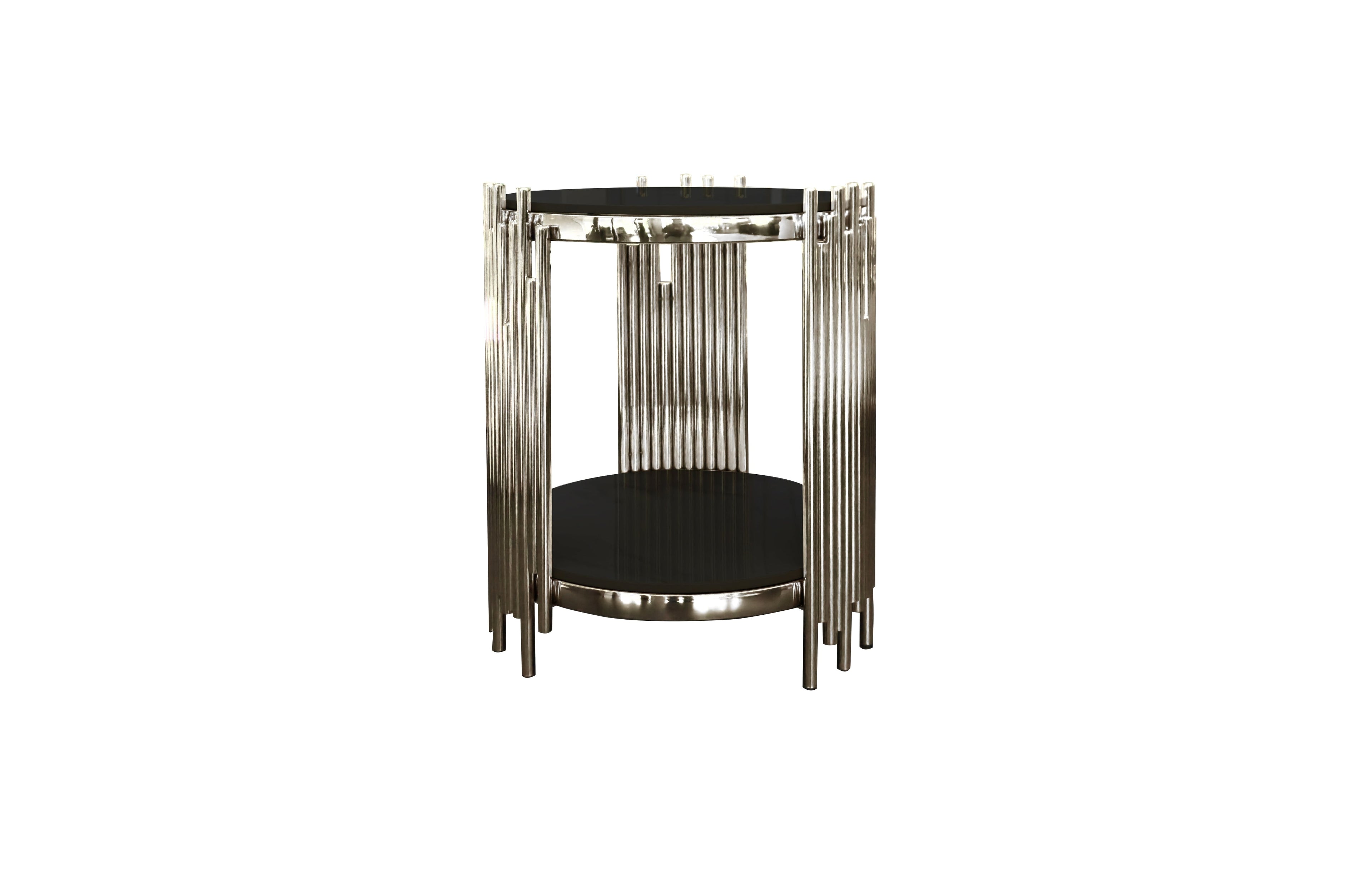 Chelsea round black marble side table with polished silver frame