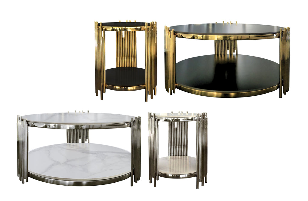 Chelsea coffee table and side table collection in polished gold and silver frames with black and white marble tops