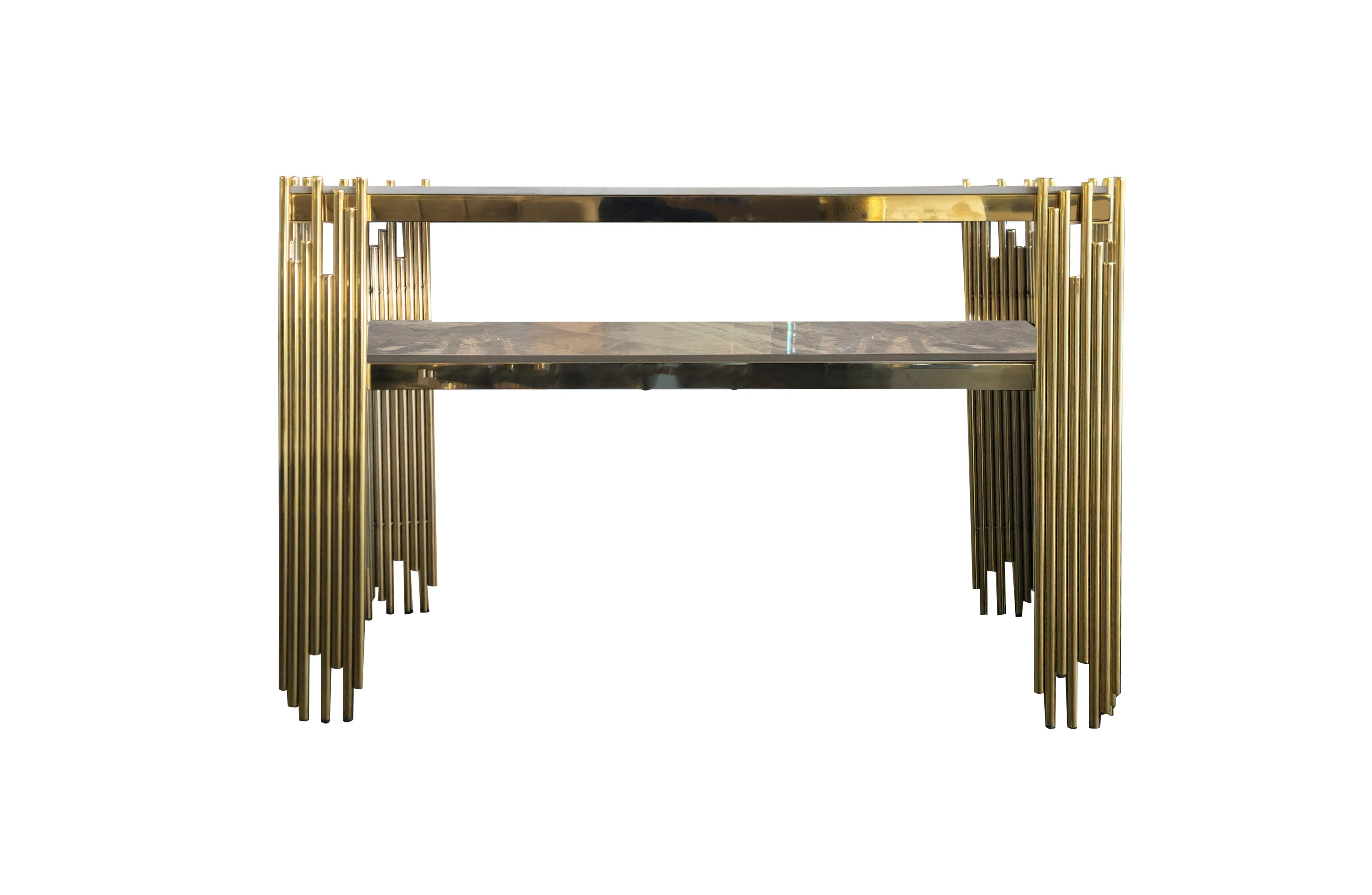 Chelsea console table with polished gold frame and grey marble top.