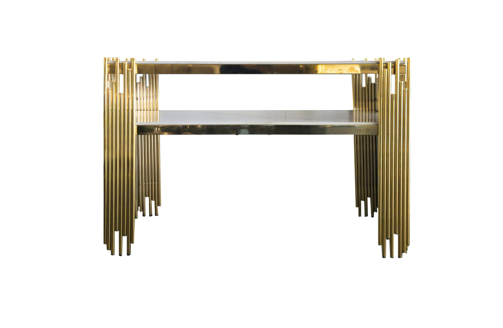 Chelsea console table with polished gold frame and white marble top.