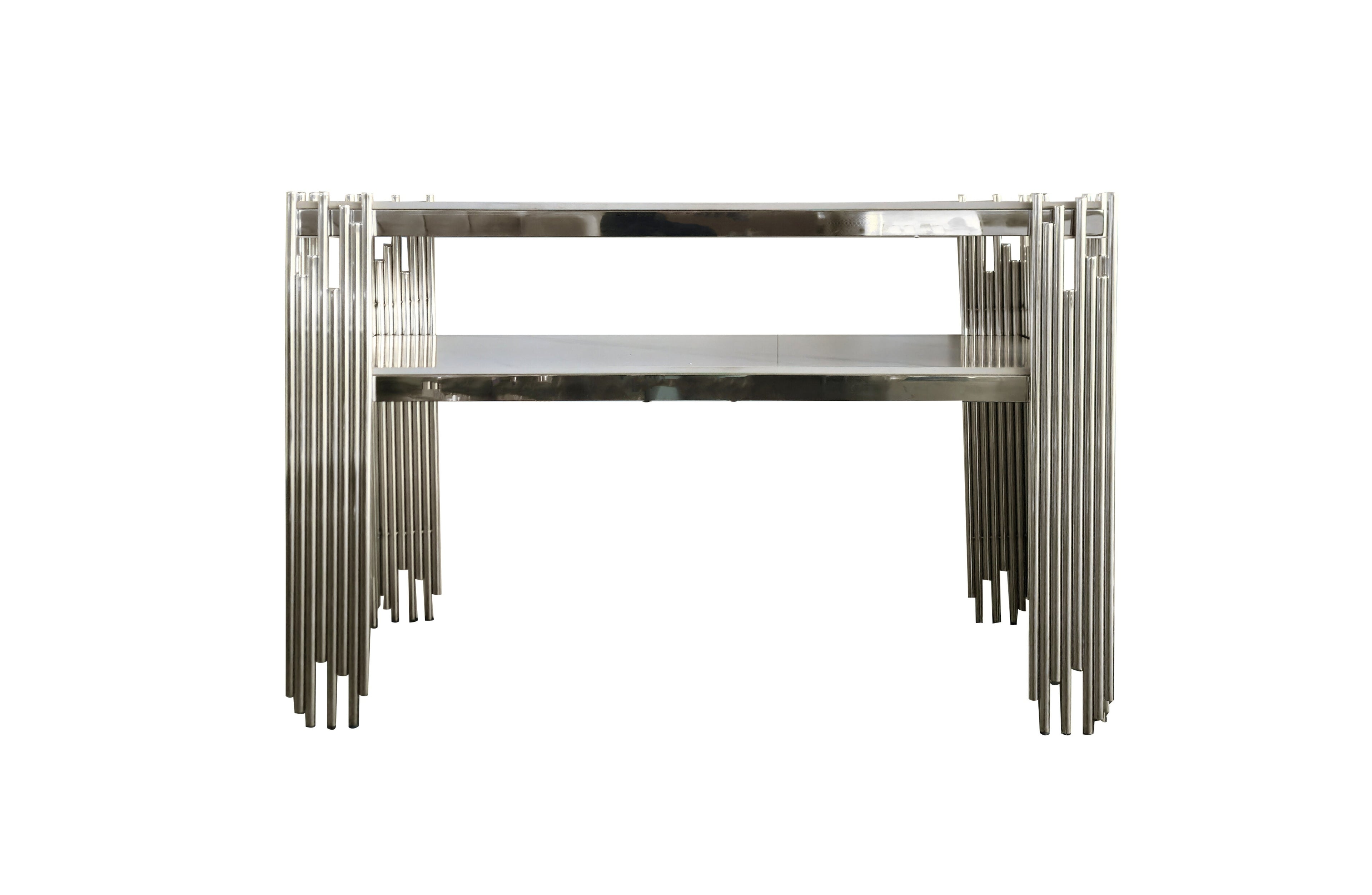 Chelsea console table with polished silver frame and white marble top.