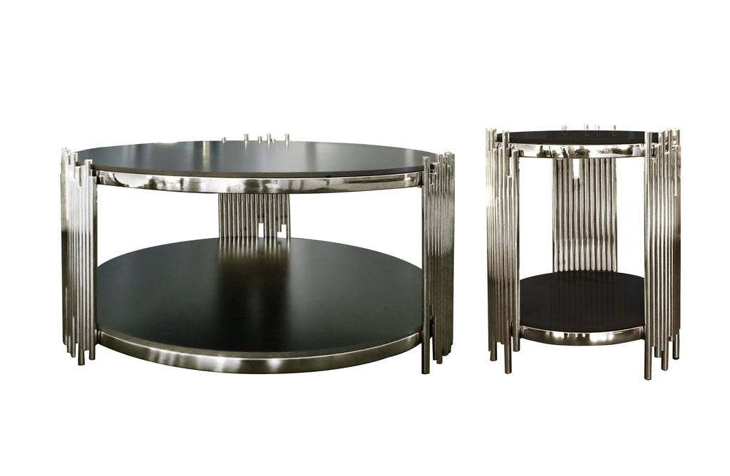 Chelsea coffee and side tables with black marble in polished silver frames