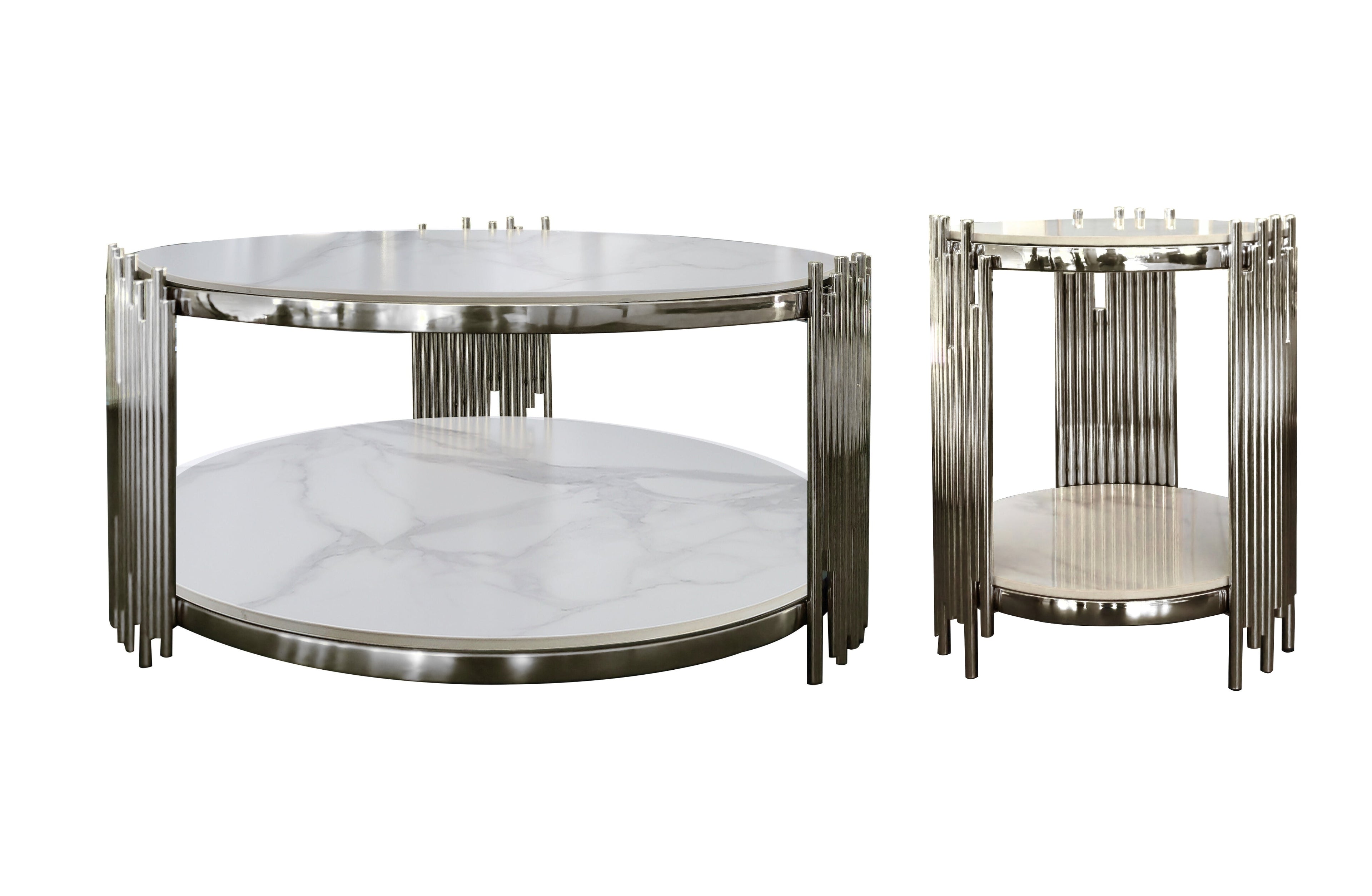 Chelsea coffee and side tables with white marble in polished silver frames