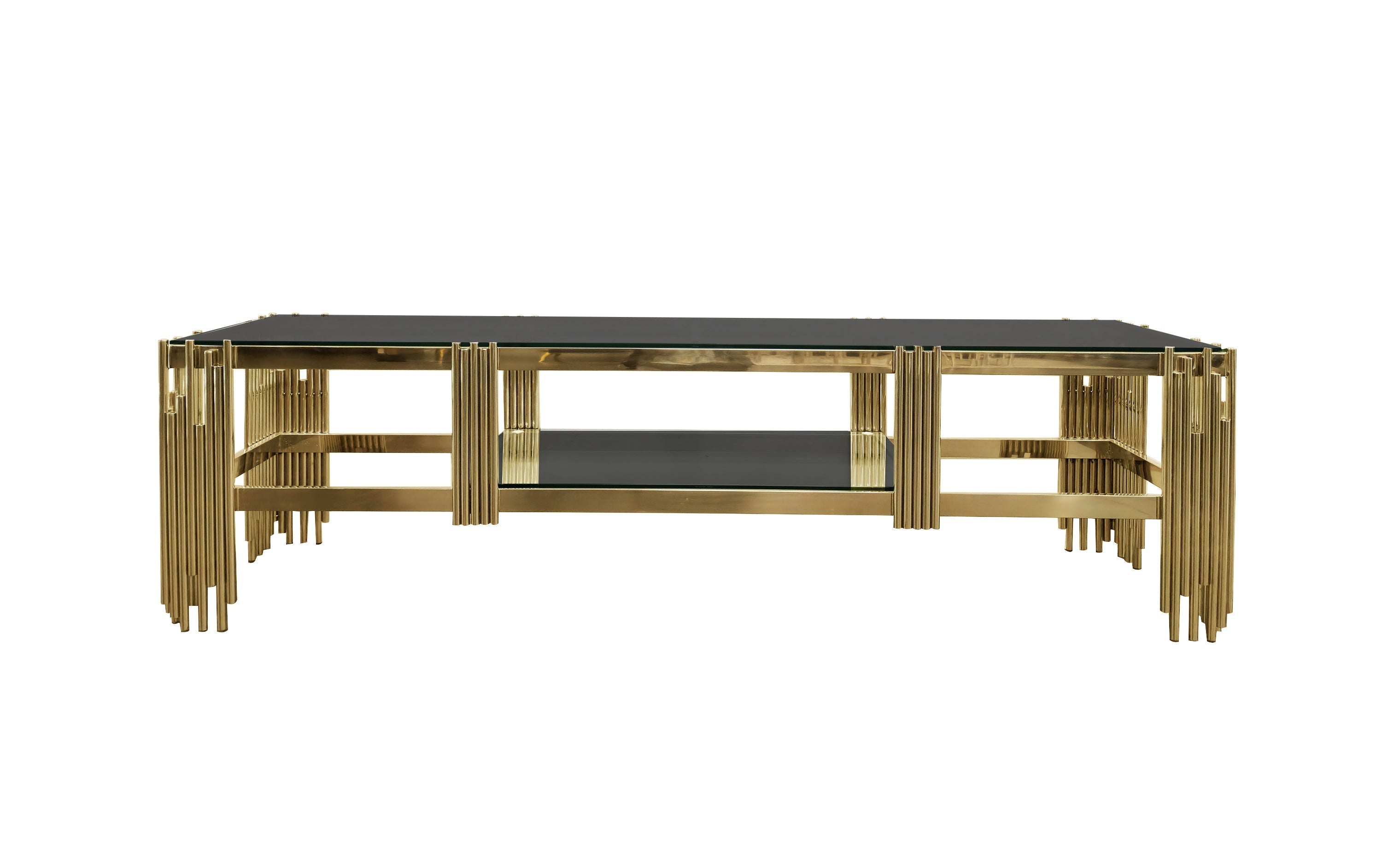 Chelsea TV Unit with polished gold stainless frame and elegant black marble top design.