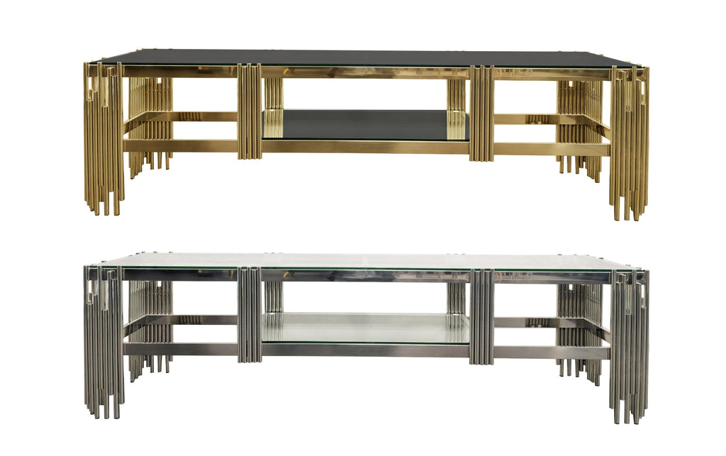 Chelsea TV Unit with polished gold and silver frames, marble tops, and storage shelf.