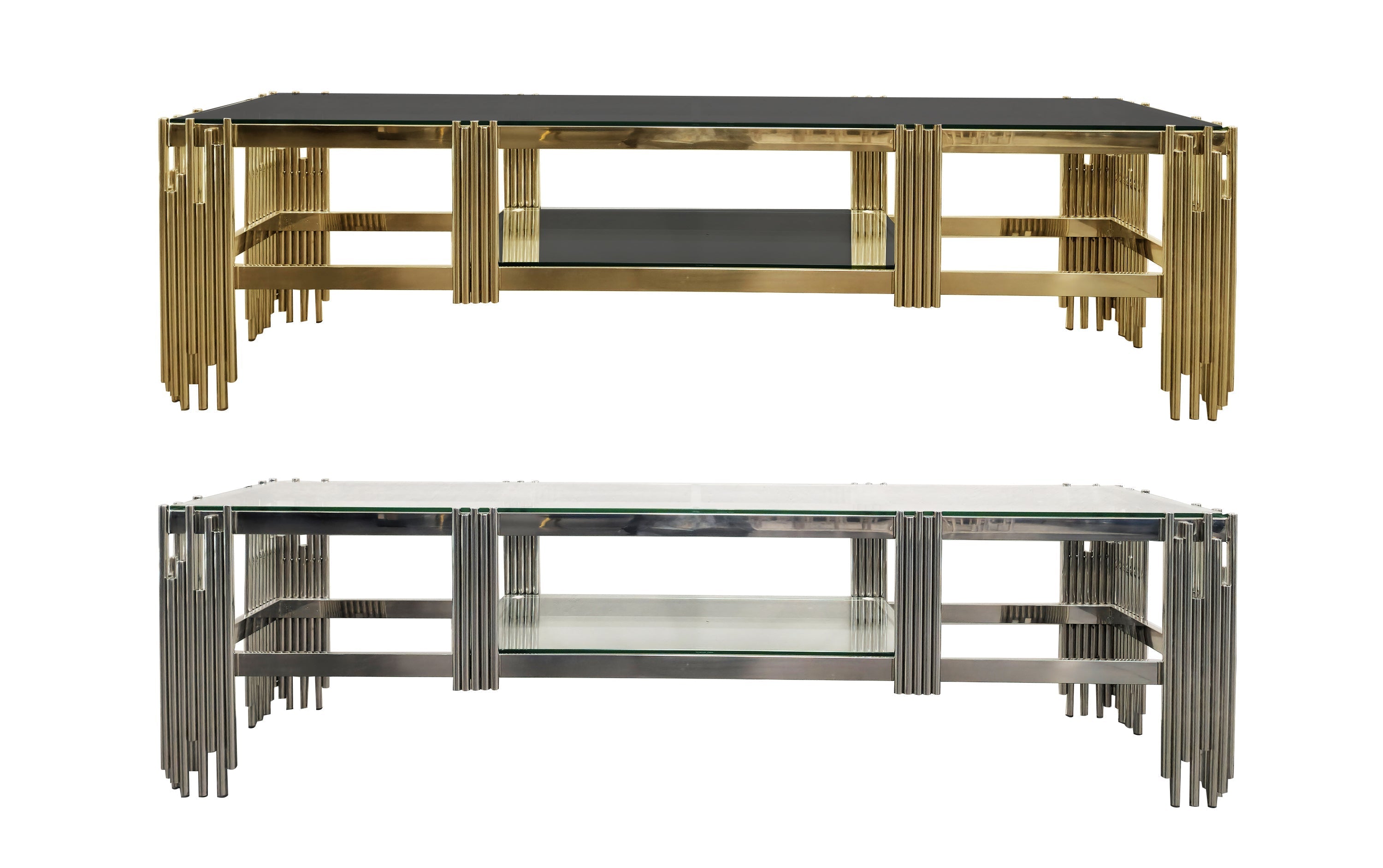 Chelsea TV Unit with polished gold and silver frames, marble tops, and storage shelf.