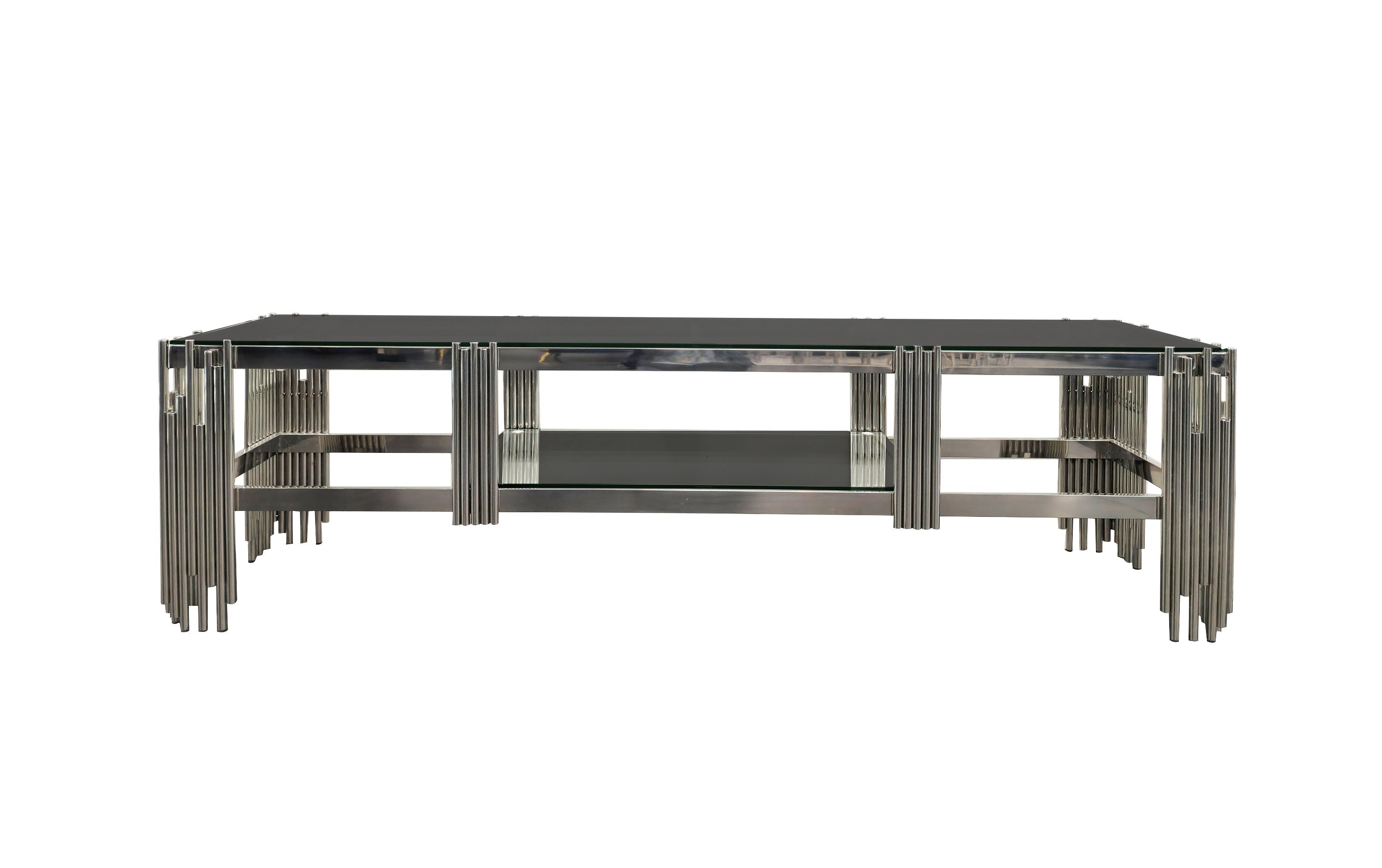Chelsea TV Unit with polished silver stainless frame and modern black marble top finish.
