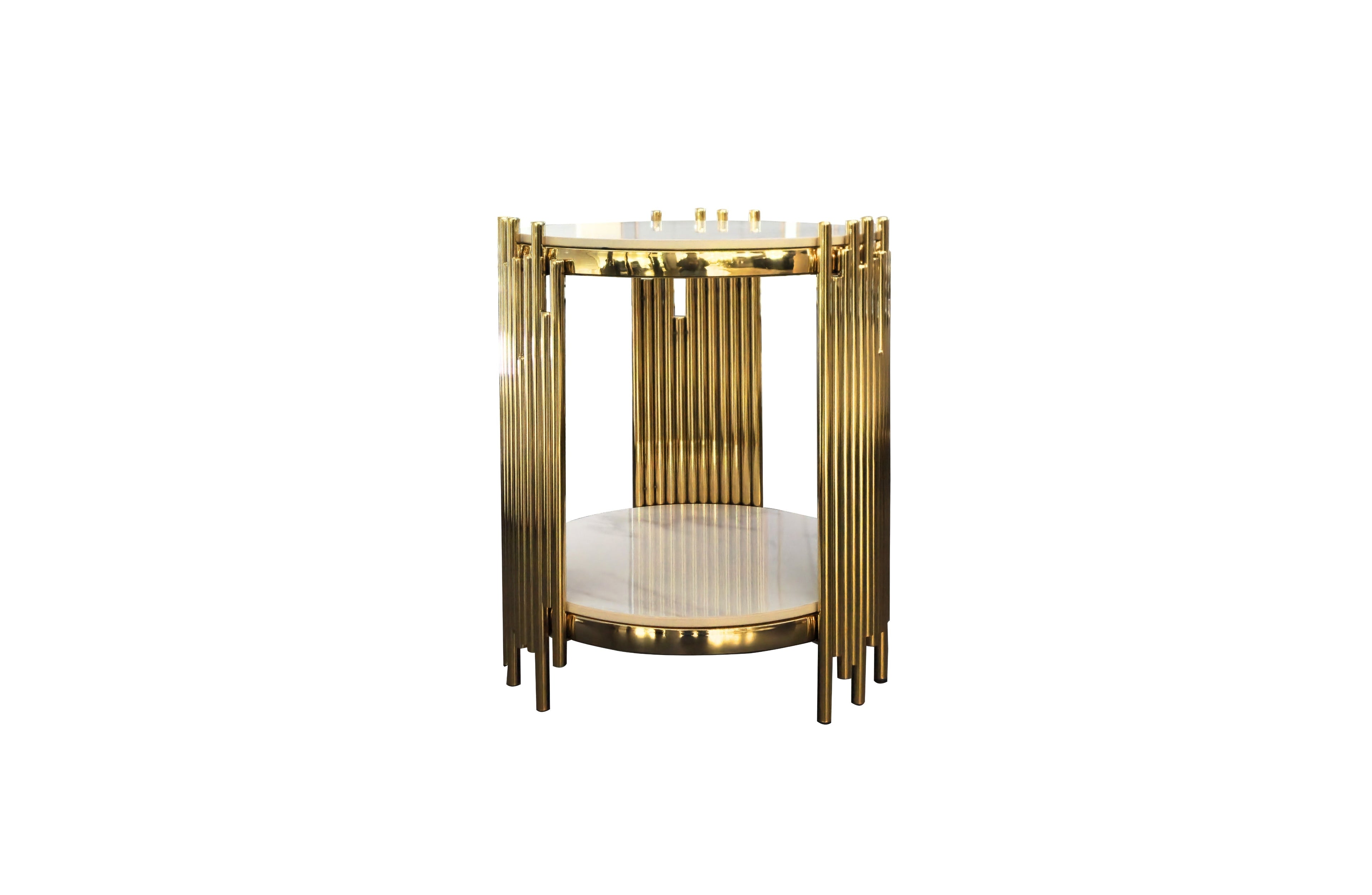 Chelsea round white marble side table with polished gold frame