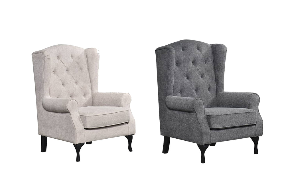 Chesterfield tufted armchairs in beige and charcoal grey with classic rolled arms and timber legs