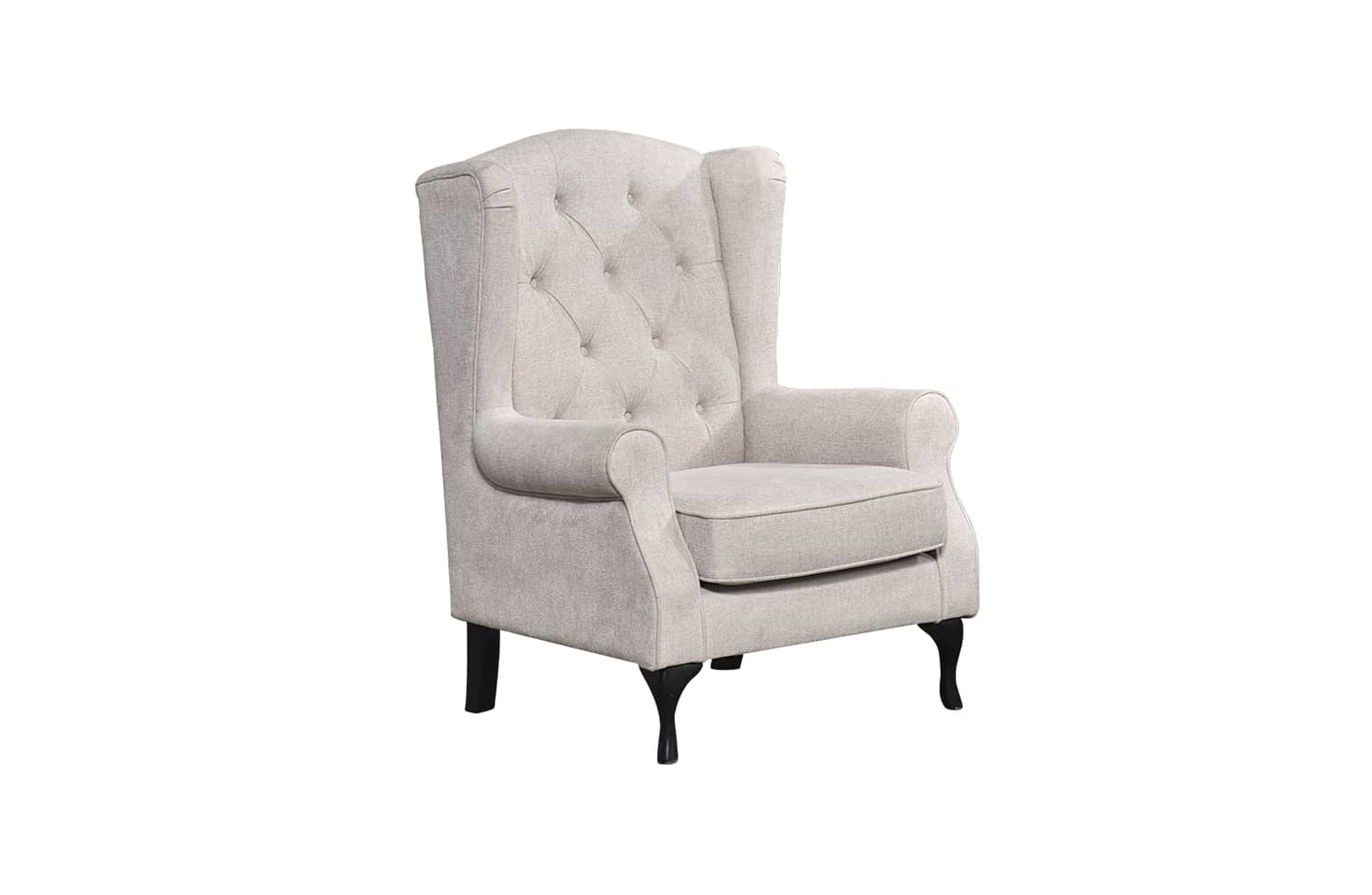 Beige Chesterfield tufted armchair with rolled arms, cushioned seat, and timber legs