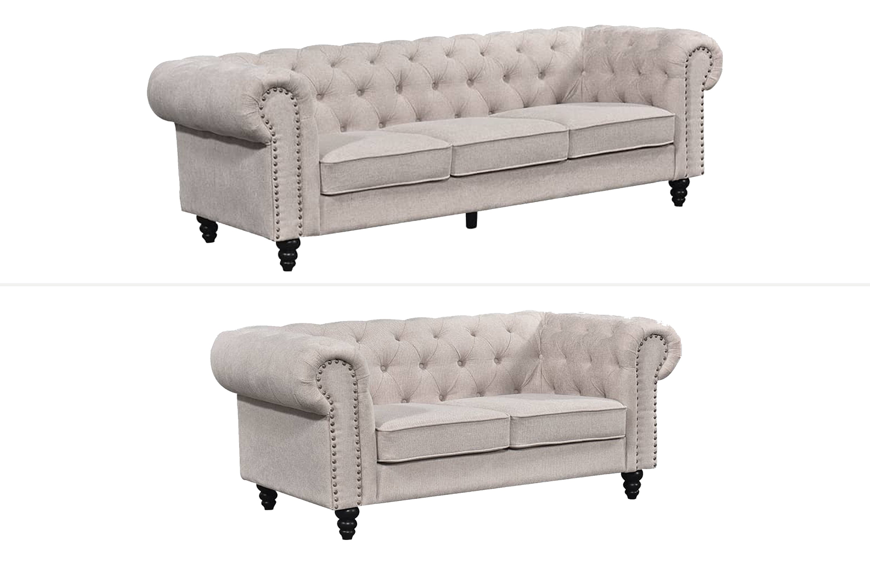Beige Chesterfield tufted sofa set featuring elegant three-seater and two-seater with rolled arms and timber legs