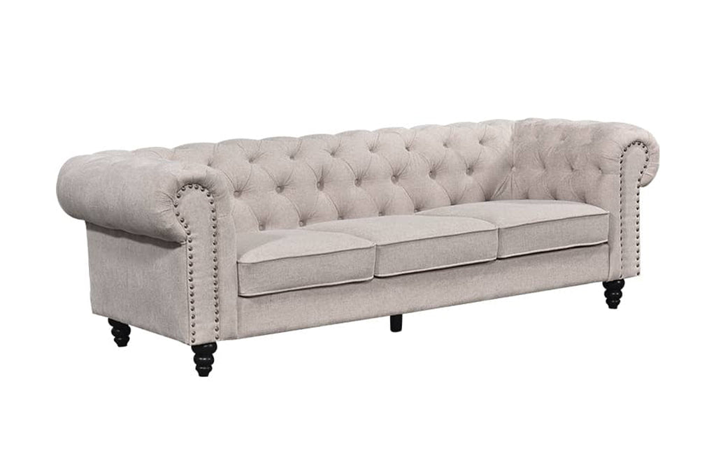 Beige Chesterfield tufted three-seater lounge with timber legs and classic design