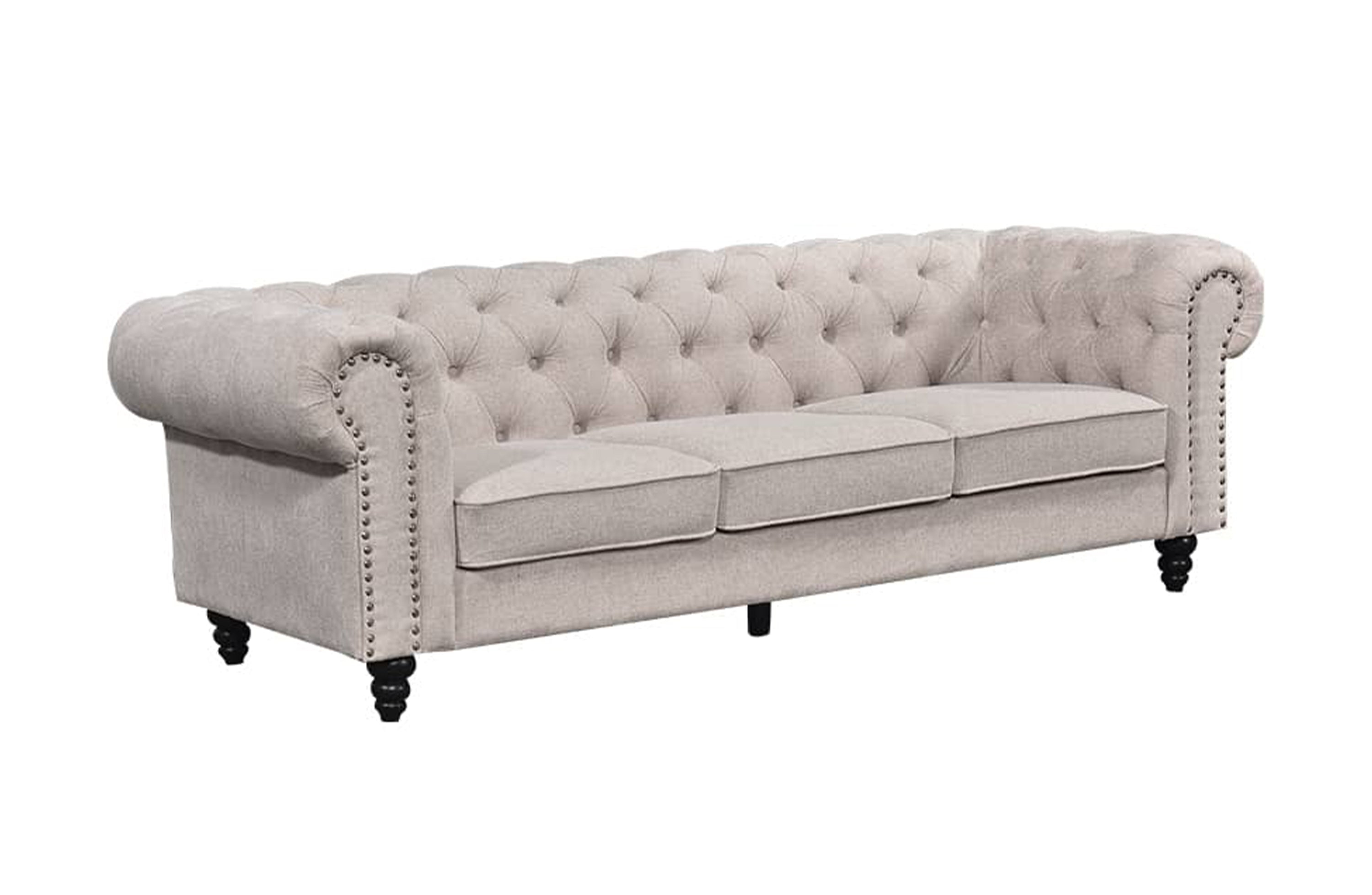 Beige Chesterfield tufted three-seater lounge with timber legs and classic design