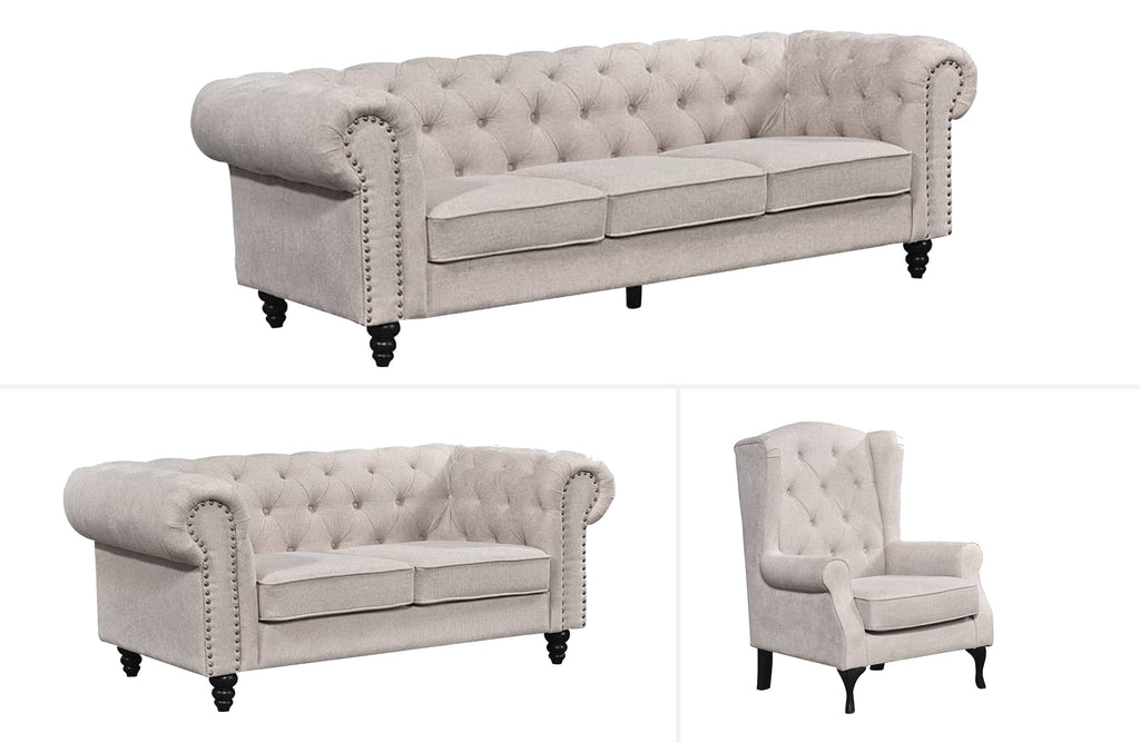 Beige Chesterfield full sofa set with tufted design and timber legs
