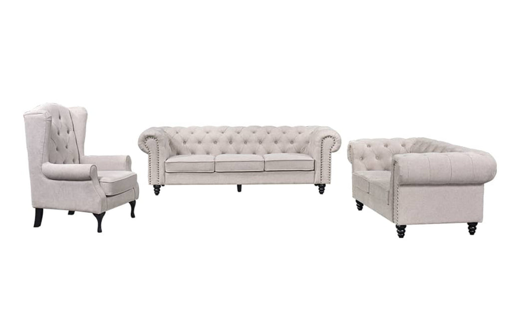 Beige Chesterfield full sofa set angle with tufted design and timber legs