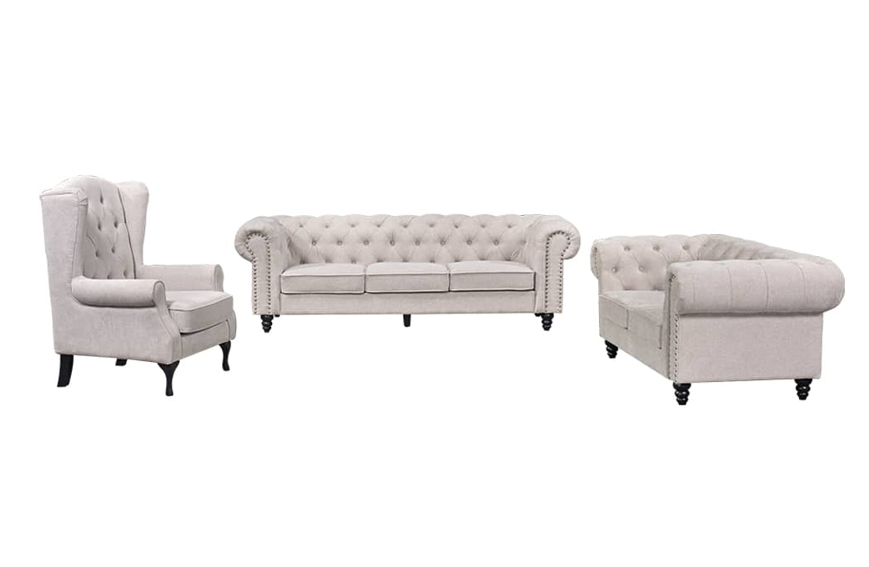 Beige Chesterfield full sofa set angle with tufted design and timber legs