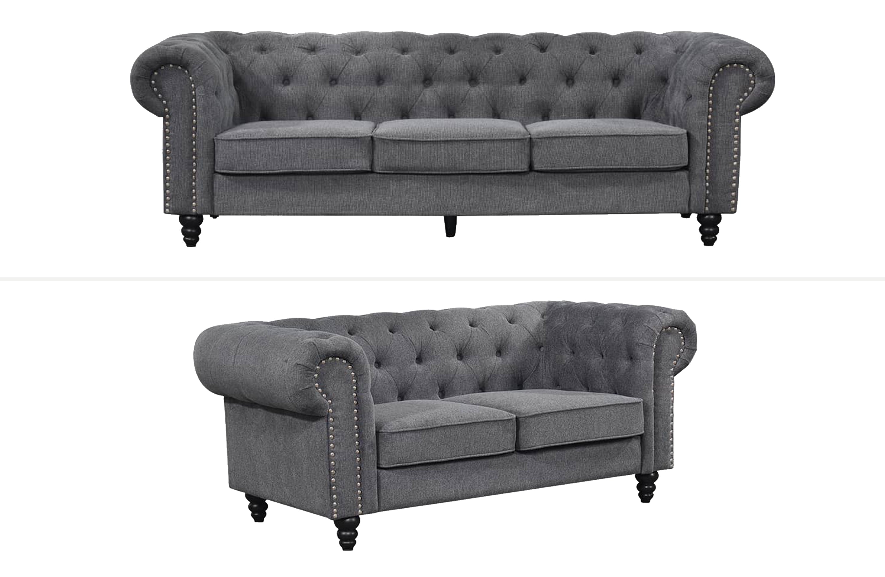 Charcoal grey Chesterfield tufted sofa set with classic three-seater and two-seater featuring rolled arms and timber legs