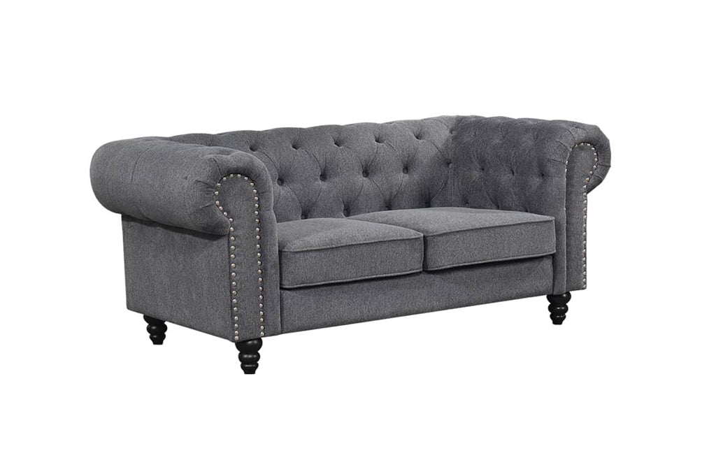Charcoal grey Chesterfield tufted two-seater sofa with studded arm detailing