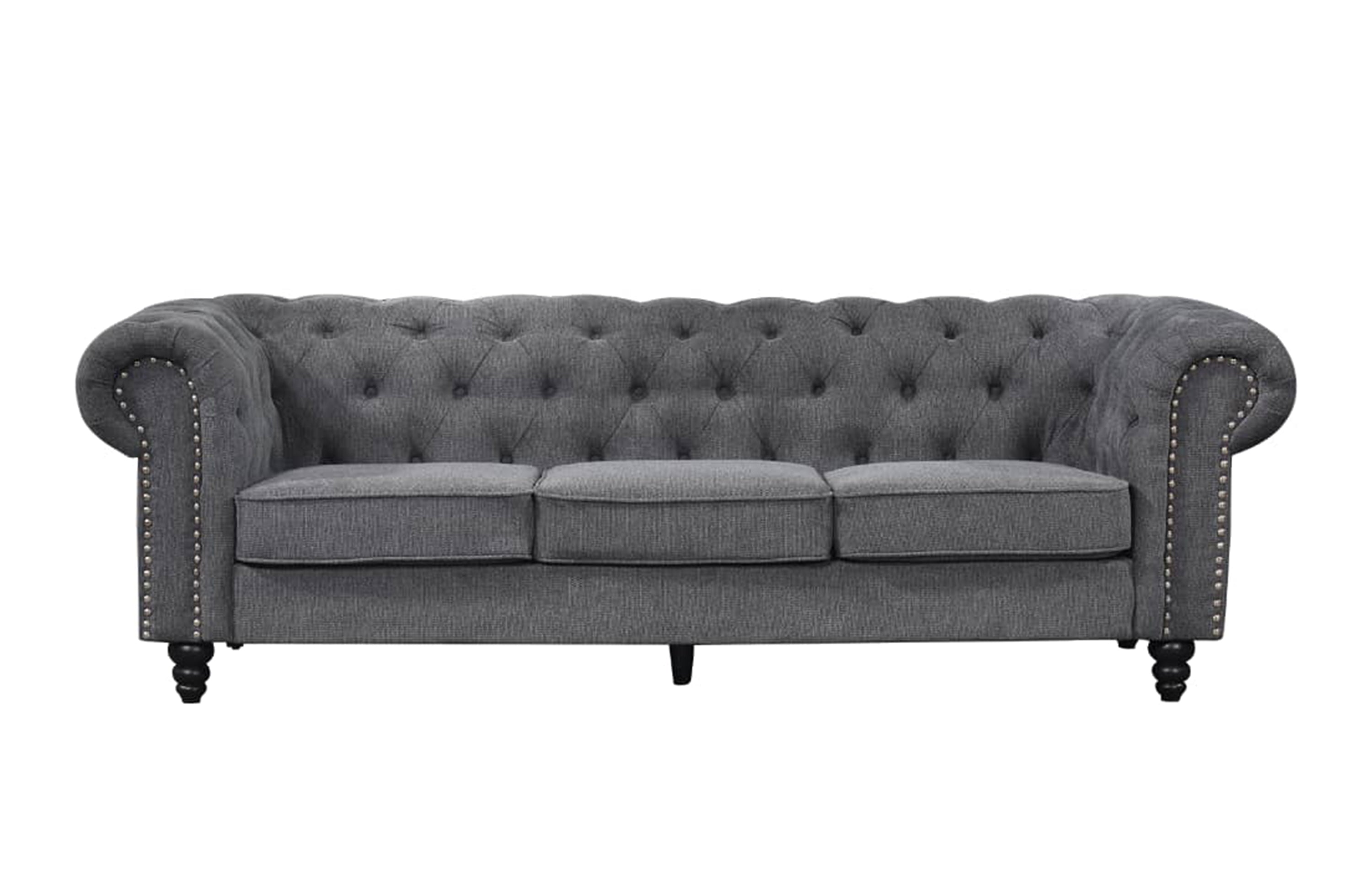 Charcoal grey Chesterfield tufted three-seater lounge with elegant rolled arms