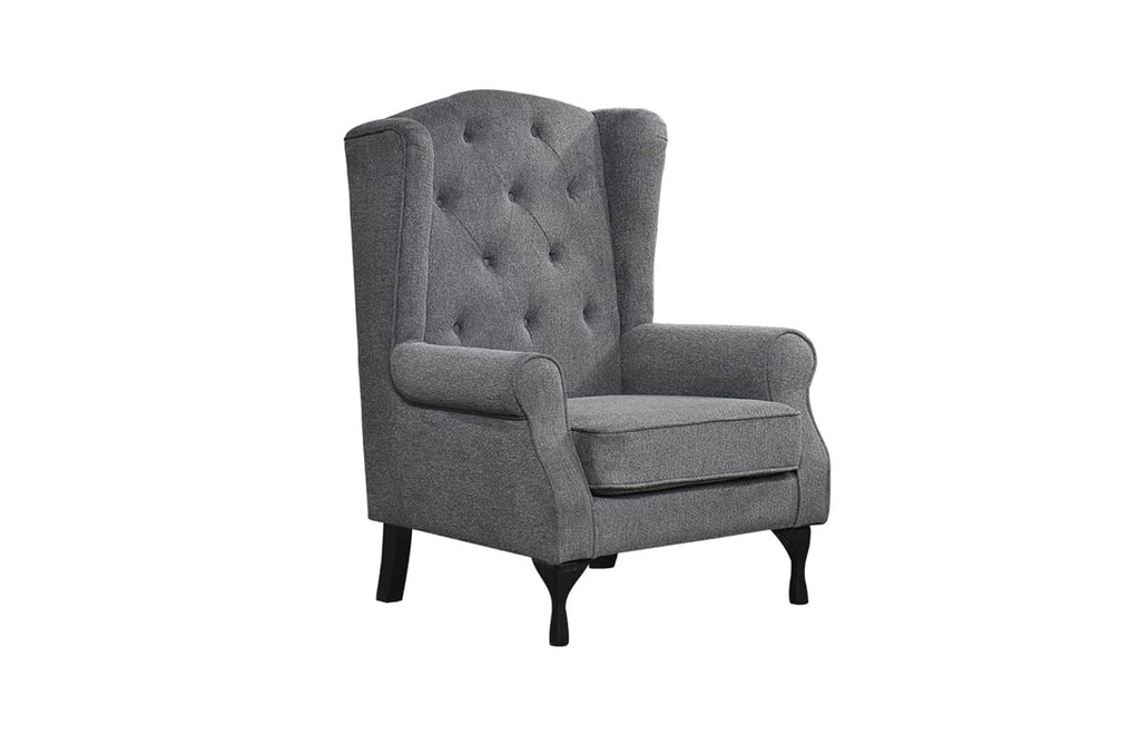 Charcoal grey Chesterfield tufted armchair with high back and timber legs